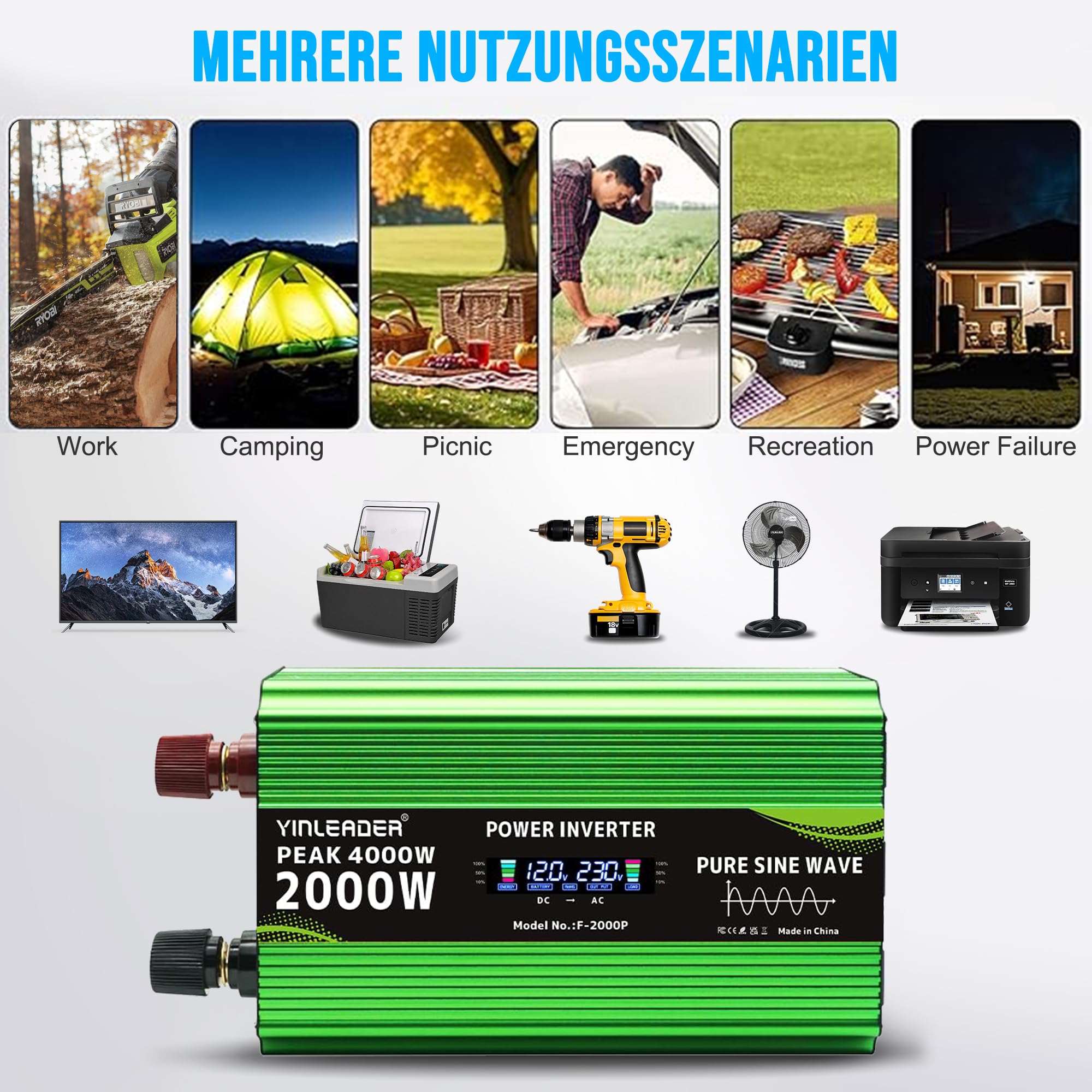 Yinleader Wechselrichter 2000W /4000W Spannungswandler Reine Sinuswelle 12V 230V mit 2 Eurosteckdosen und 4 USB Spannungsanzeige