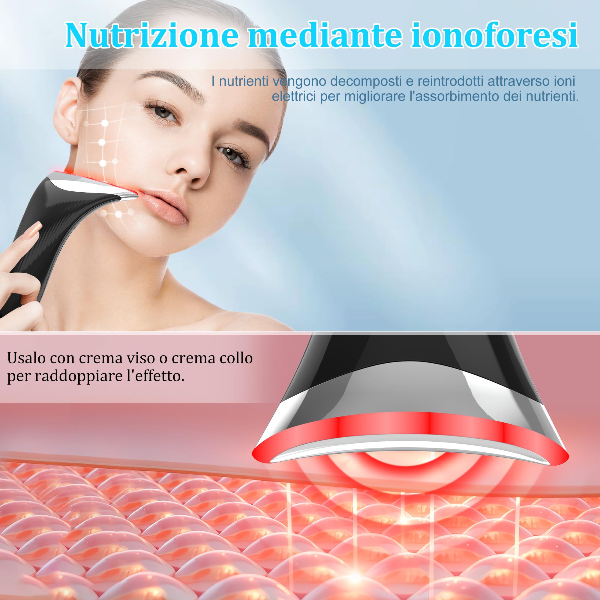 Massaggiatore Viso Antirughe, Dispositivo di Bellezza con 45 ℃ EMS per Lifting e Rassodamento Viso e Collo, Gua Sha Elettrico con 3 Modi LED Terapia Della Luce