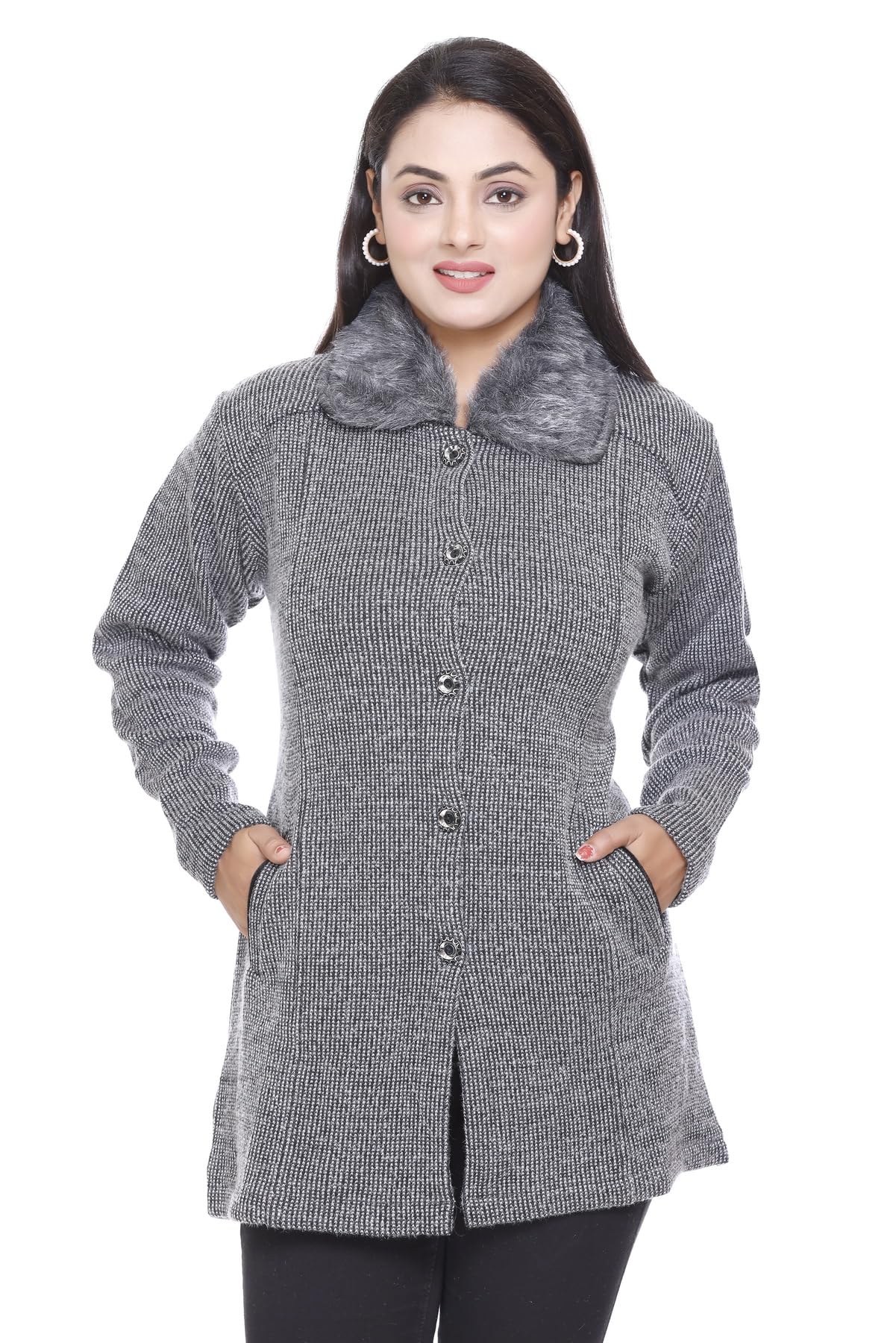 pipasa Women Woolen Buttoned Fur Collar Neck Stylish Party Winter Wear Coat Cardigan Sweater-picture-0
