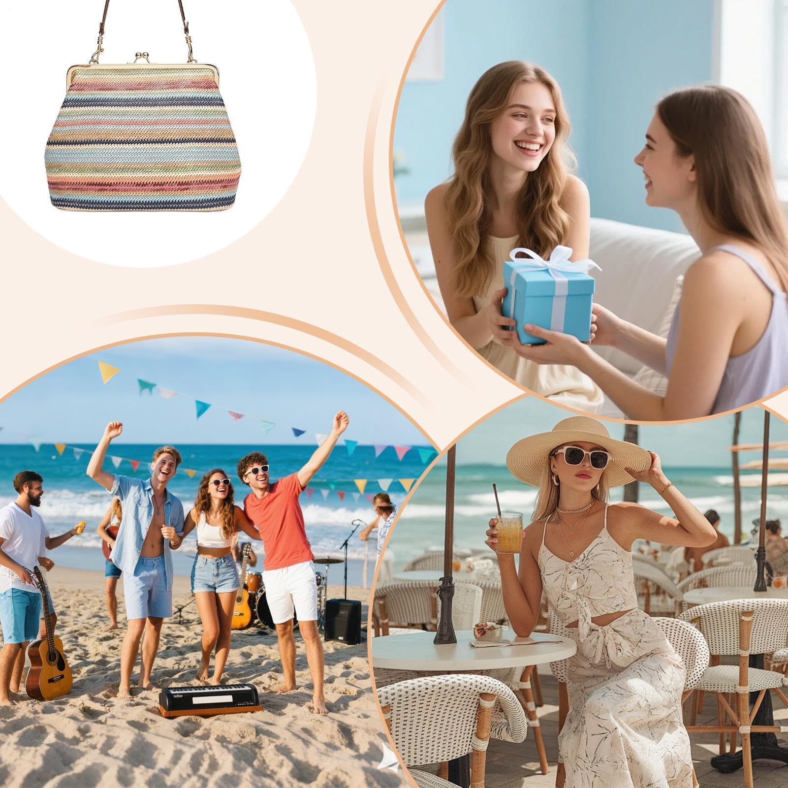 Bolsa de playa de paja para mujer, bolsas de verano grandes con cierre de beso de estilo vintage, bolsos tejidos, bolsos de viaje informales para vacaciones en la playa, compras de primavera