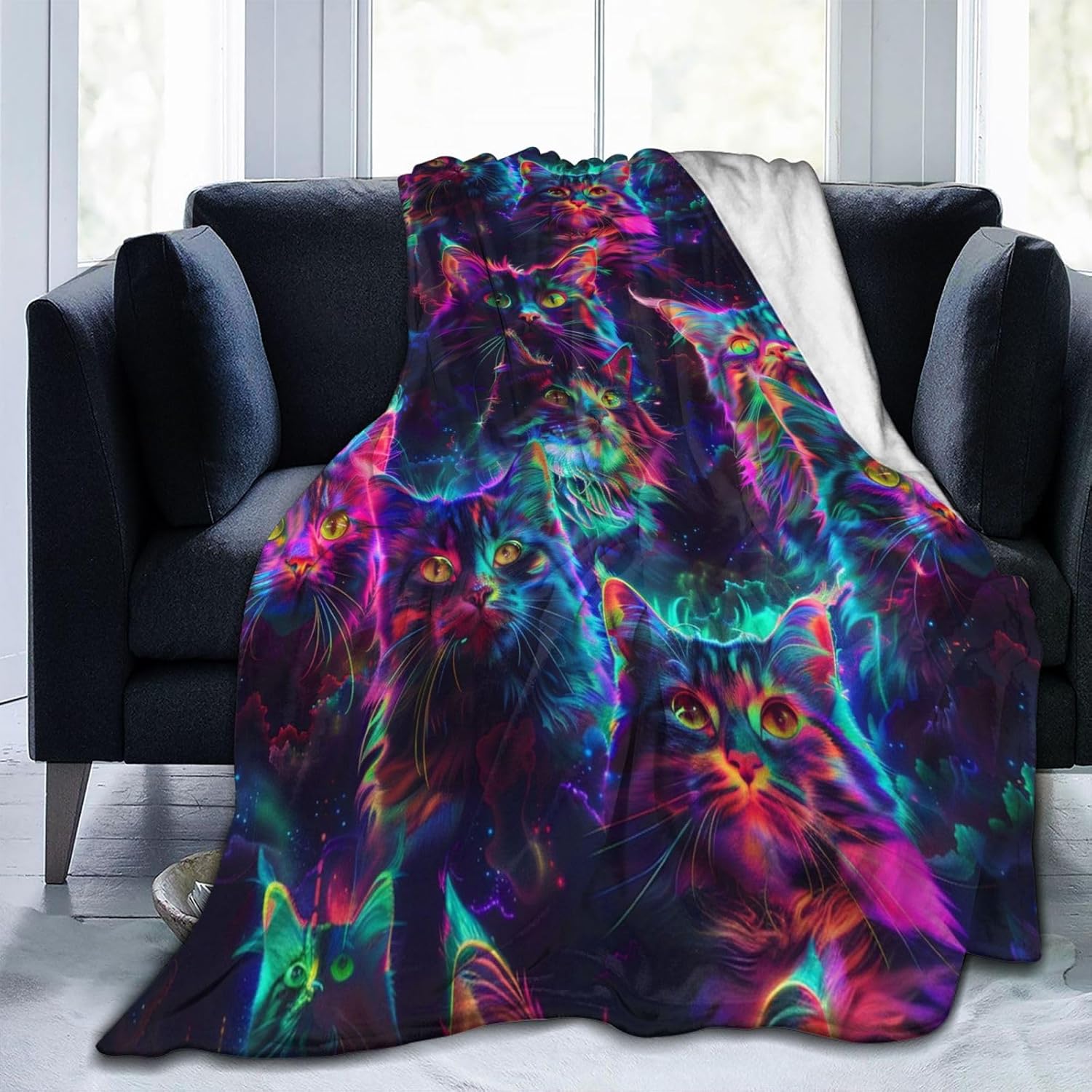 Colorful Neon Cat Blanket Sofa Cover Comfortable Print Blanket Quilt Suitable for Bed 80"x60"