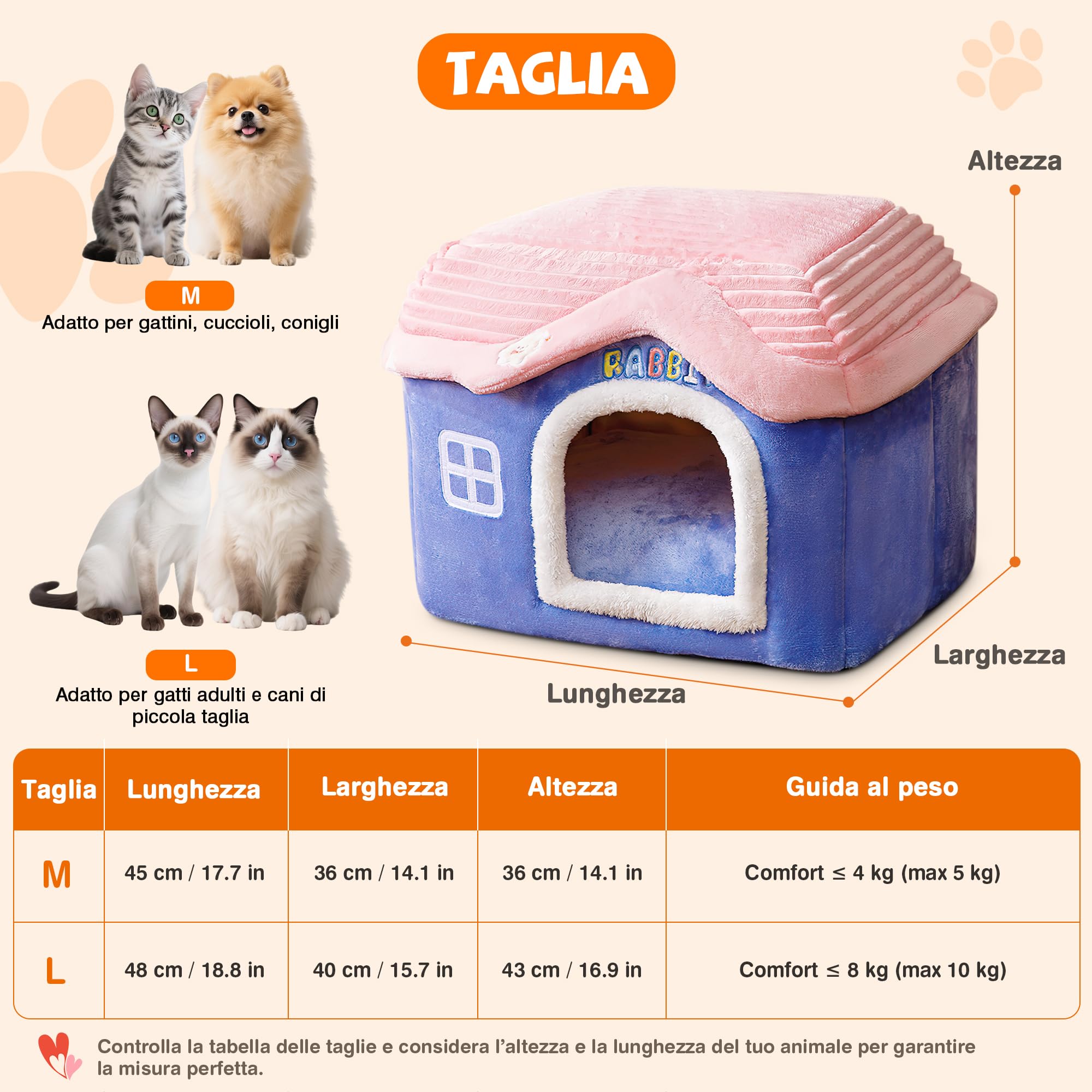 ALLSOPETS Cuccia per Gatti da Interno e Casa Pieghevole per Cani, Cuccia Calda Invernale con Cuscino Rimovibile e Fondo Antiscivolo per Cuccioli e Gattini (Blu, M)