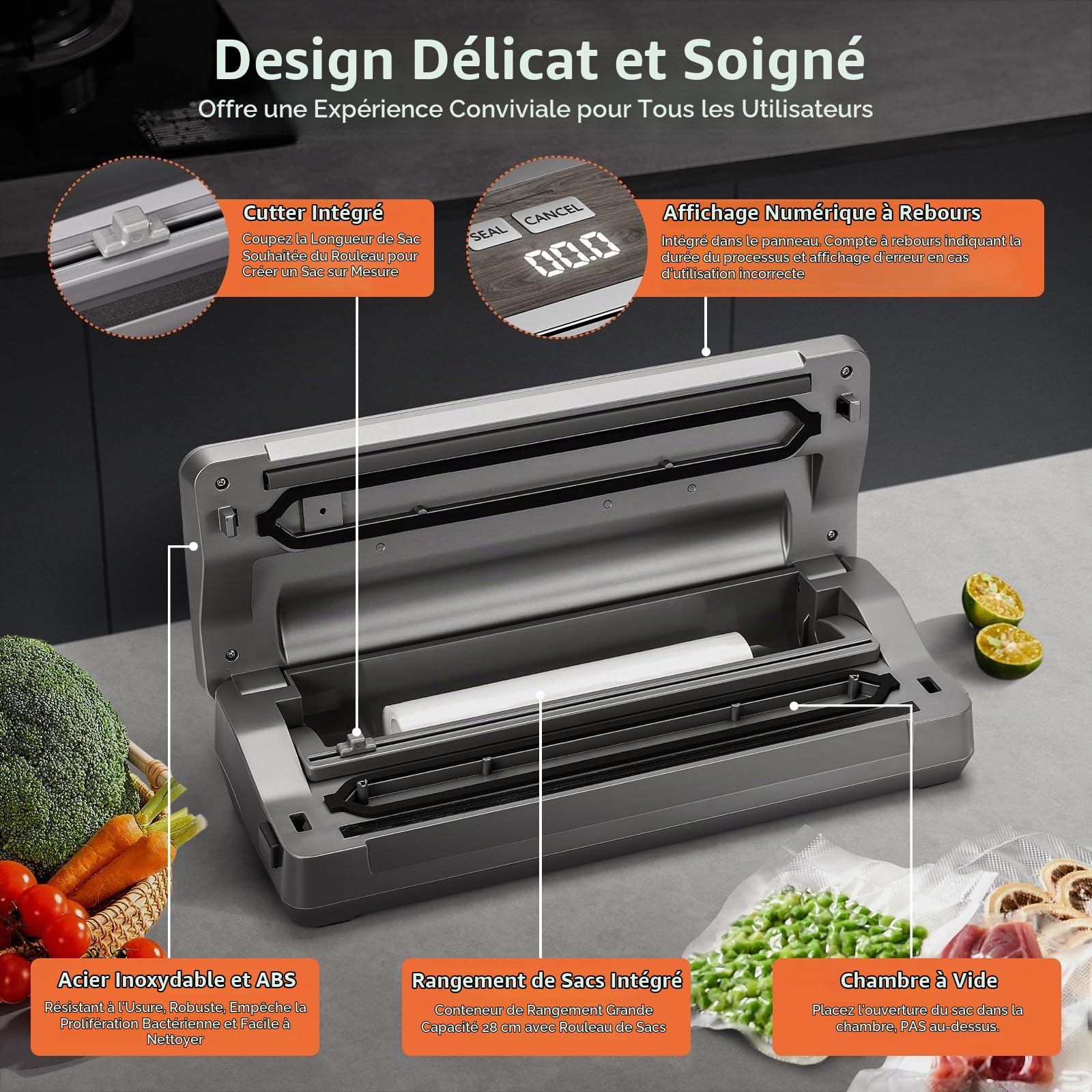 Machine à emballer sous vide, 90 kPa, 120 W, puissante, avec cutter intégré et rangement pour sacs, affichage numérique du compte à rebours, large ouverture (Gris)
