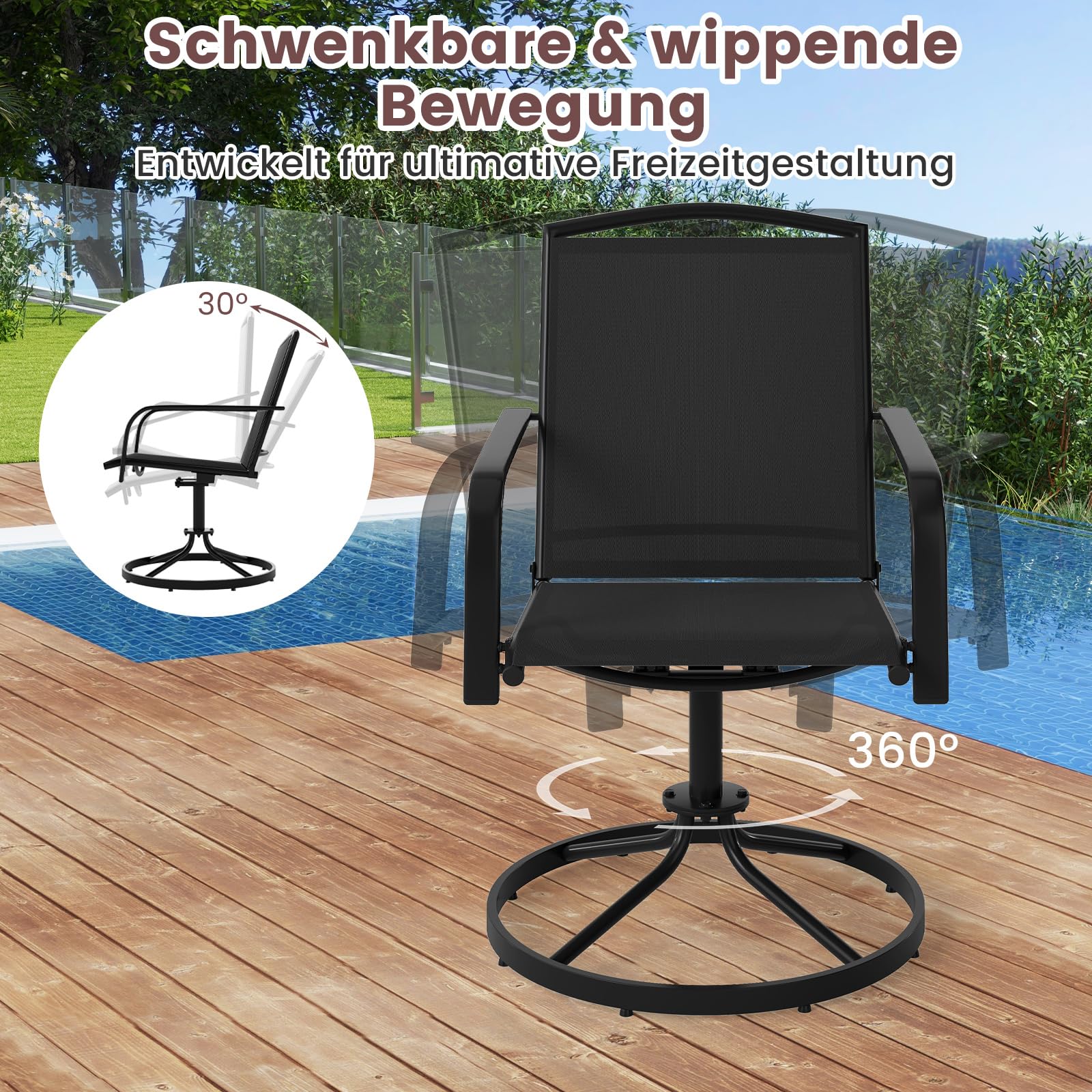 COSTWAY Gartenstühle 360° drehbar, 2er Set Terrassenstühle mit schnell trocknendem Stoff, Drehstühle, Balkonstühle bis 150 kg belastbar für Garten, Hinterhof, Balkon (Schwarz)
