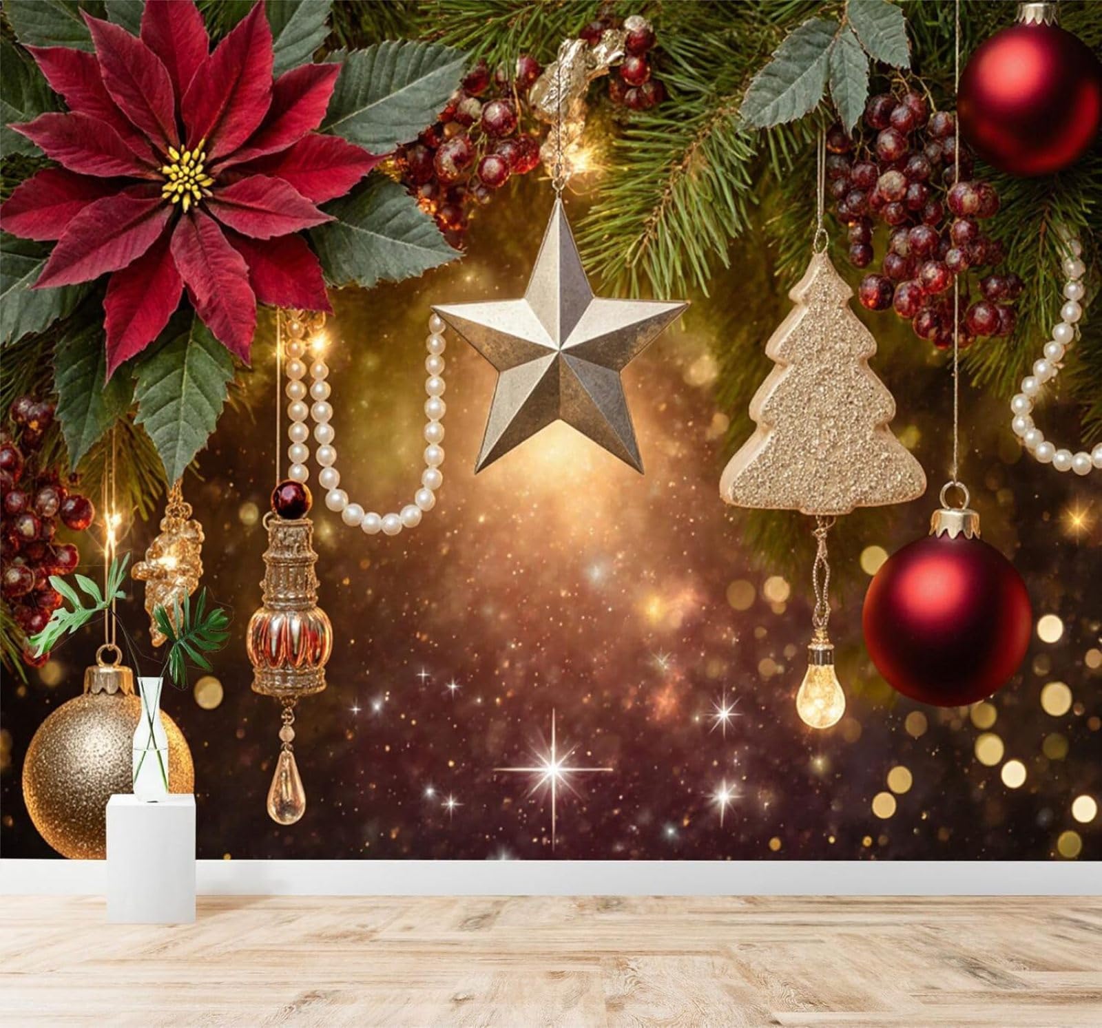 Tzxztt Red Ornaments Golden Stars Leaves Pearls Lights Modern 3D Wallpaper Premium Textured Silk Neutral Tones Material Ideal for Living Room Bedroom-300cm×210cm