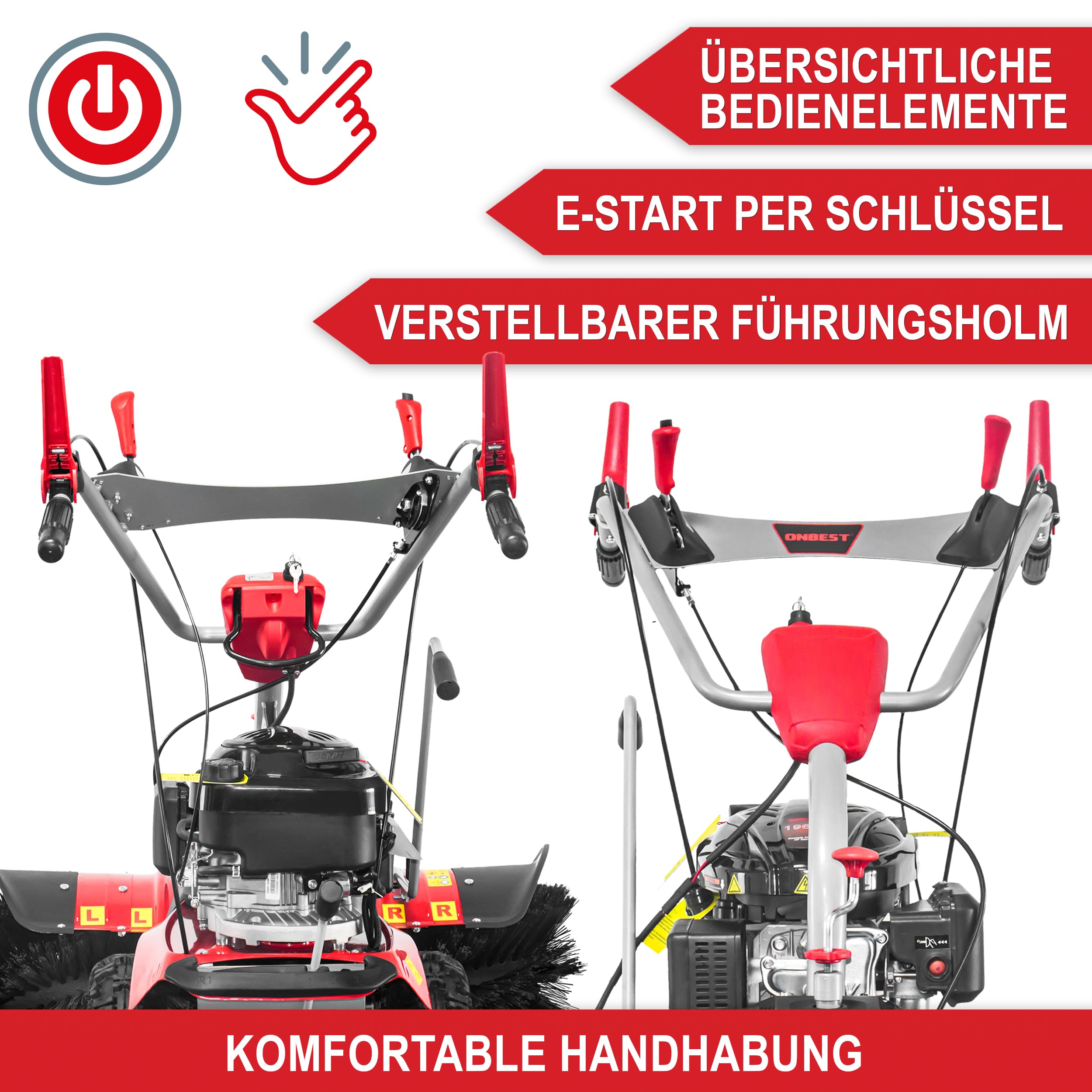 ONBEST Benzin Kehrmaschine 100 cm – mit Auffangbox & Schneeschild | 196 cm³ Motor, TÜV Rheinland geprüft, GS-Zertifikat – für große Außenflächen, Schmutz und Schneeräumen