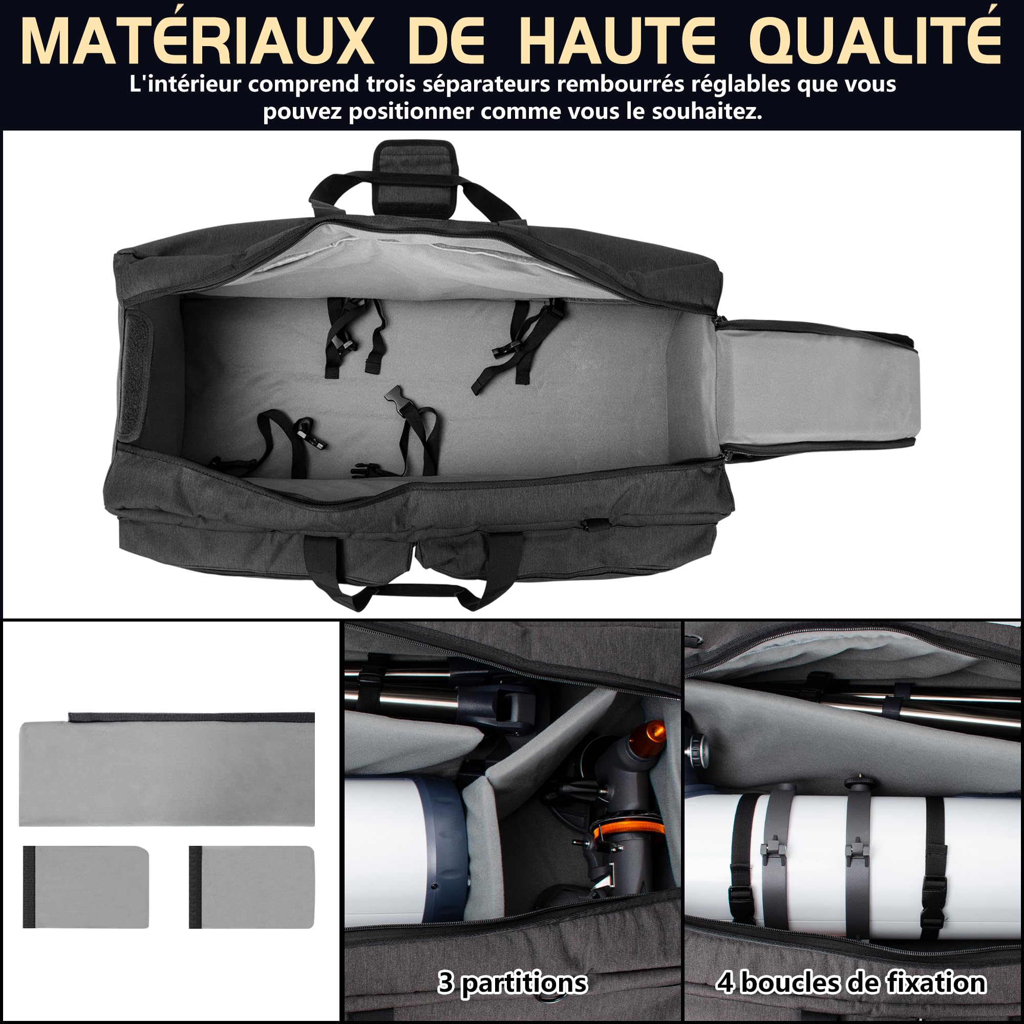 OUUTMEE 76CM Étui Rembourré pour Télescope, Sac de Transport pour Télescope avec Séparateurs Réglables et Poches pour télescopes, Montures, Trépieds et Accessoires (Noir)