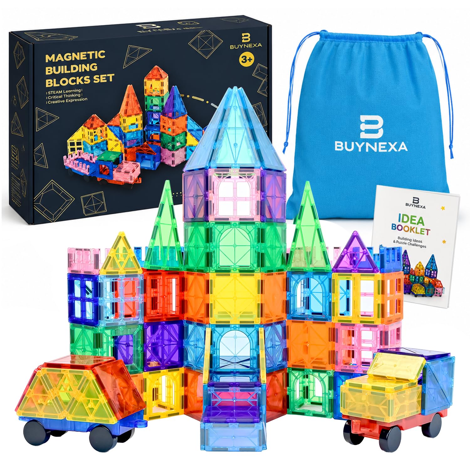 Magnetic Tiles 150 PCS Building Blocks for Kids | STEM Educational Construction Toy Set with Strong Magnets, Car Bases, Windows & Idea Booklet | Creative Learning Toy for Boys & Girls 3+ Years