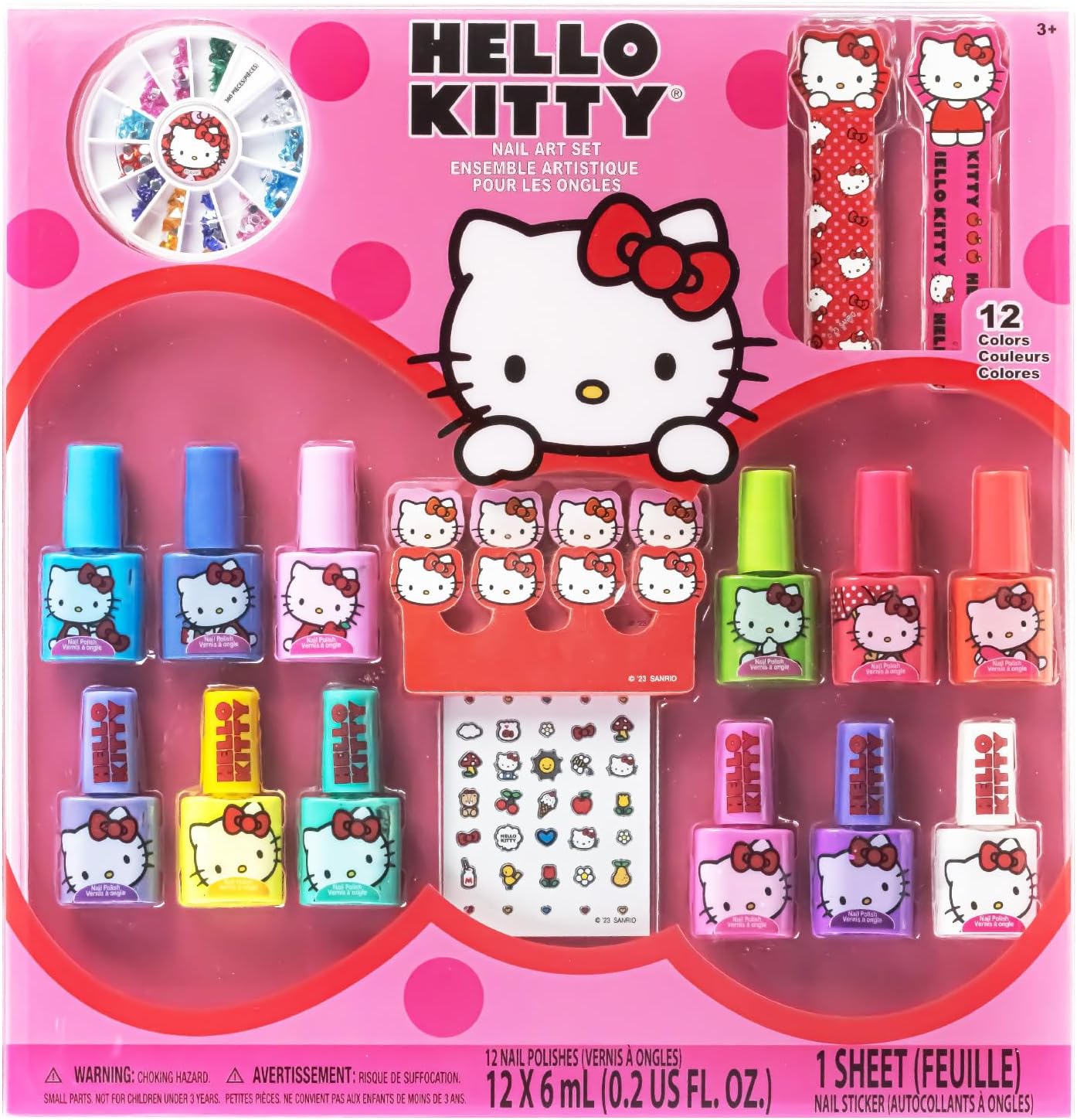 Hello Kitty Water-Based Nail Polish Set, Peel-Off Set with Glittery & Opaque Colors and Nail Accessories for Girls Kids, Perfect for Dress Up, Parties & Makeovers Ages 3+ by Townley Girl