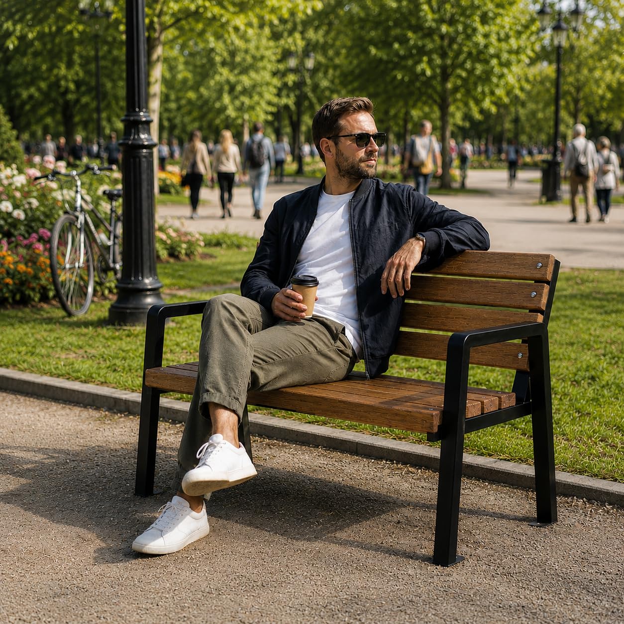Banc de Jardin en Bois Résistant aux Intempéries 125cm - Banc en Bois Extérieur Moderno Revêtu par Poudre - Banc de Parc en Épicéa Scandinave - Planches Polies (Brun)