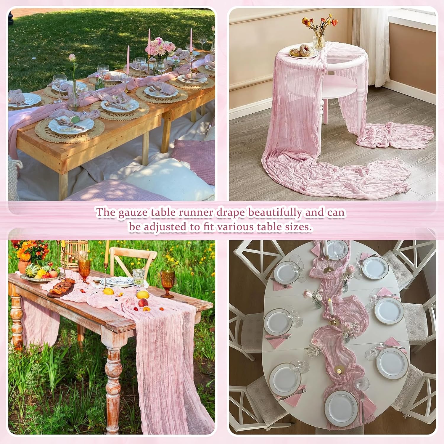 8 Pack Light Pink Cheesecloth Table Runners 21x120 Inch Boho Gauze Table Runner 10FT Long Rustic Sheer Pink Table Runner for Baby Shower,Wedding,Party,Birthday,Home Table Decor
