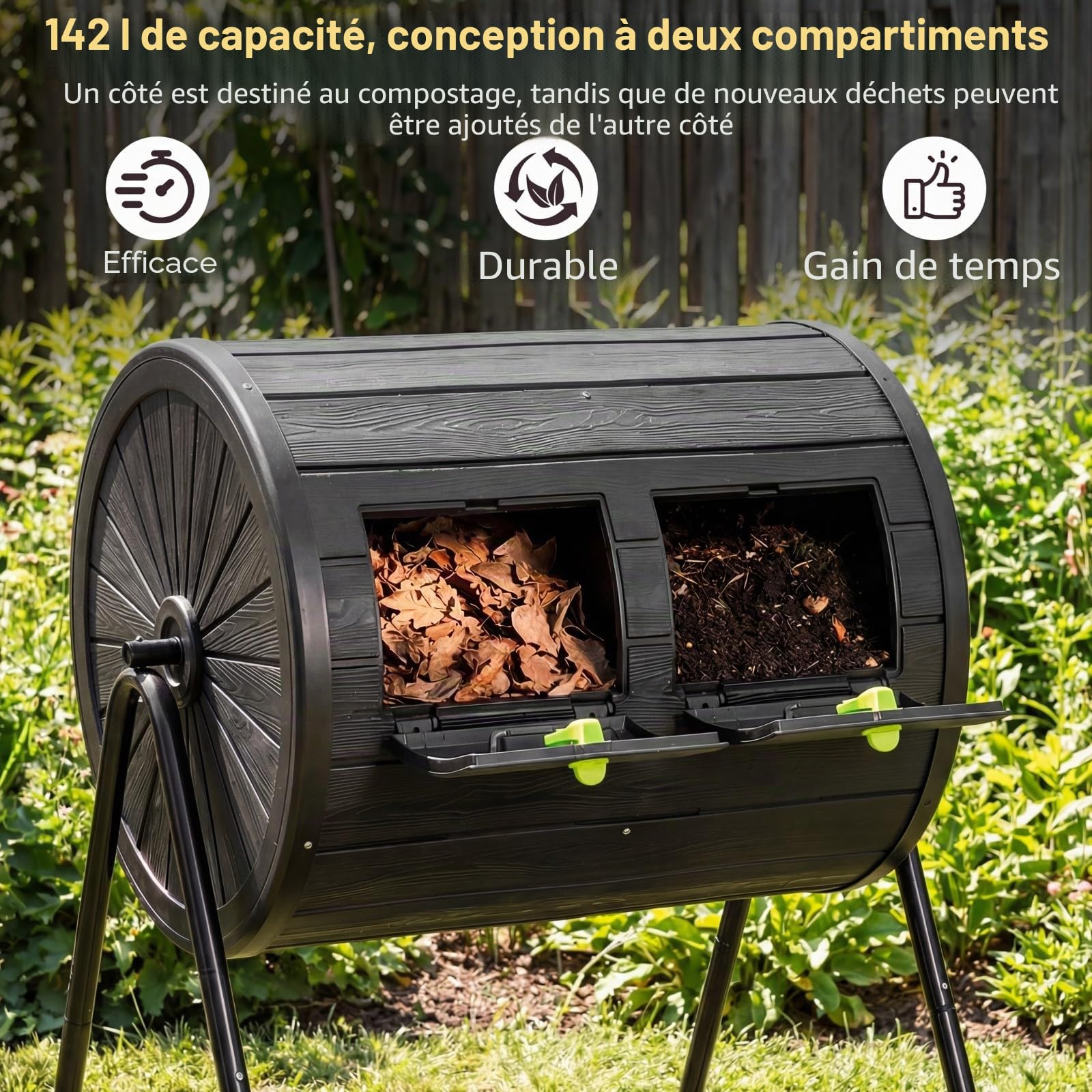 HOMASIS Composteur de Jardin Rotatif, Bac à Compost Extérieur 142 L avec Double Chambre en PP sans BPA, 2 Portes Verrouillables, Lames de Mélange, Support Métal, pour Déchets de Cuisine Jardin (Noir)