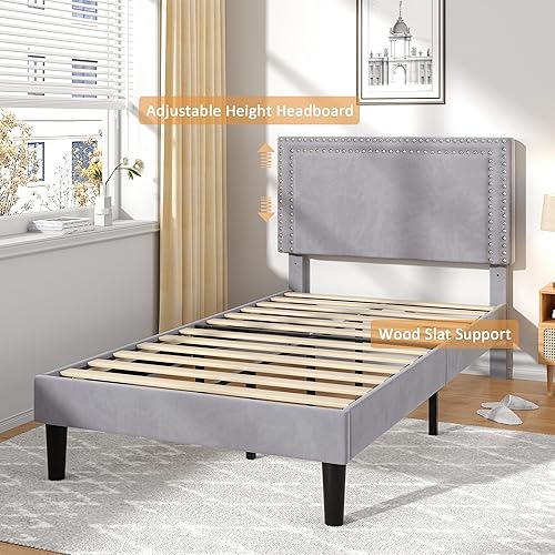 Miniatura 260 de VECELO Base de cama de tamaño matrimonial con cabecera tapizada ajustable, plataforma de listones de madera, diseño sin ruido, fácil montaje Negro