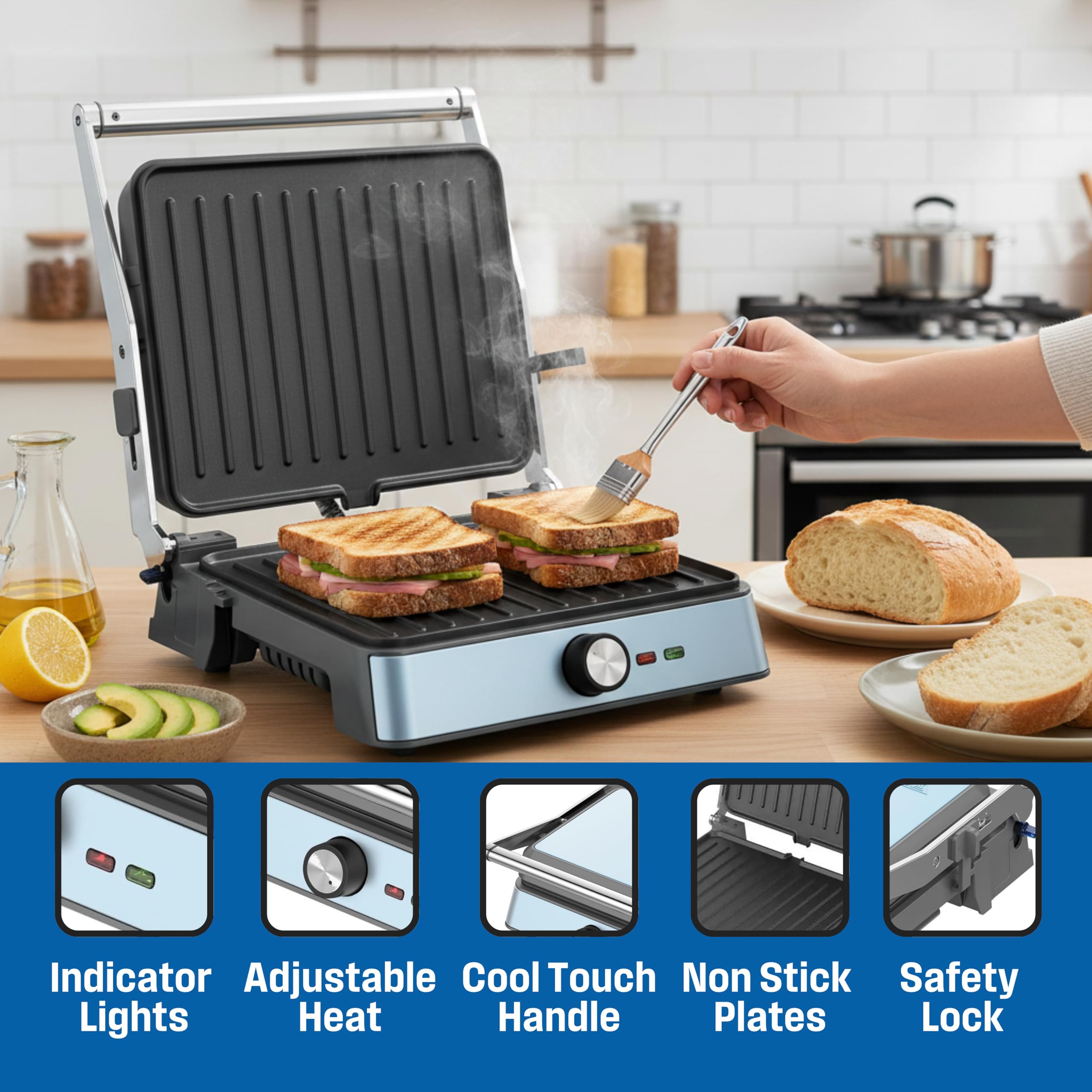 Westinghouse Grill kontaktowy w stylu retro – 29 x 24 cm – 180° do dwustronnego grillowania – 2200 W – toster – regulowana regulacja temperatury – grill panini – żelazko toster – niebieski