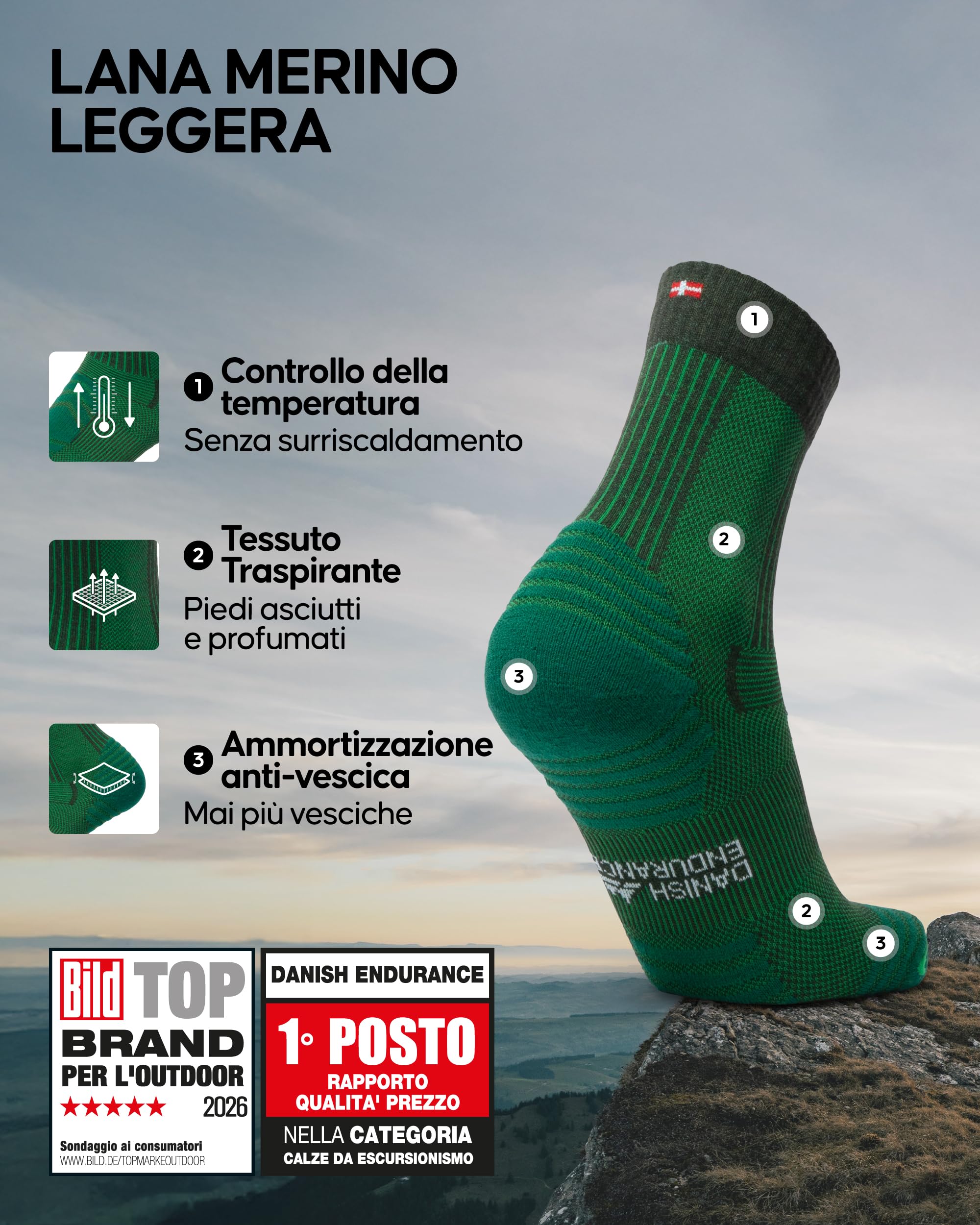 DANISH ENDURANCE 3 paia di calzini da trekking leggeri in lana merino, anti-vesciche, da uomo e da donna