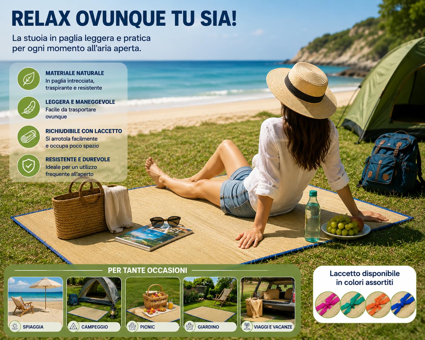 Stuoia Spiaggia Paglia Tappetino Mare Arrotolabile Laccetto Richiudibile Pieghevole Leggera Picnic Giardino Outdoor 180x60 cm