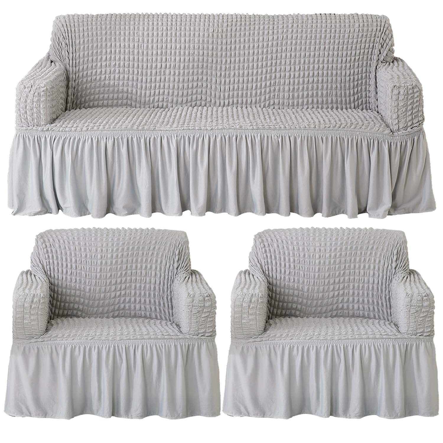Furshine Sofa Cover 3 Seater and 2 Seater Fully Covered Universal 5 Seater Sofa Cover Non-Slip Sticky Elastic Stretchable Sofa Set Slipcover Protector for (3+1+1 Seater), Bubble Grey-image-30