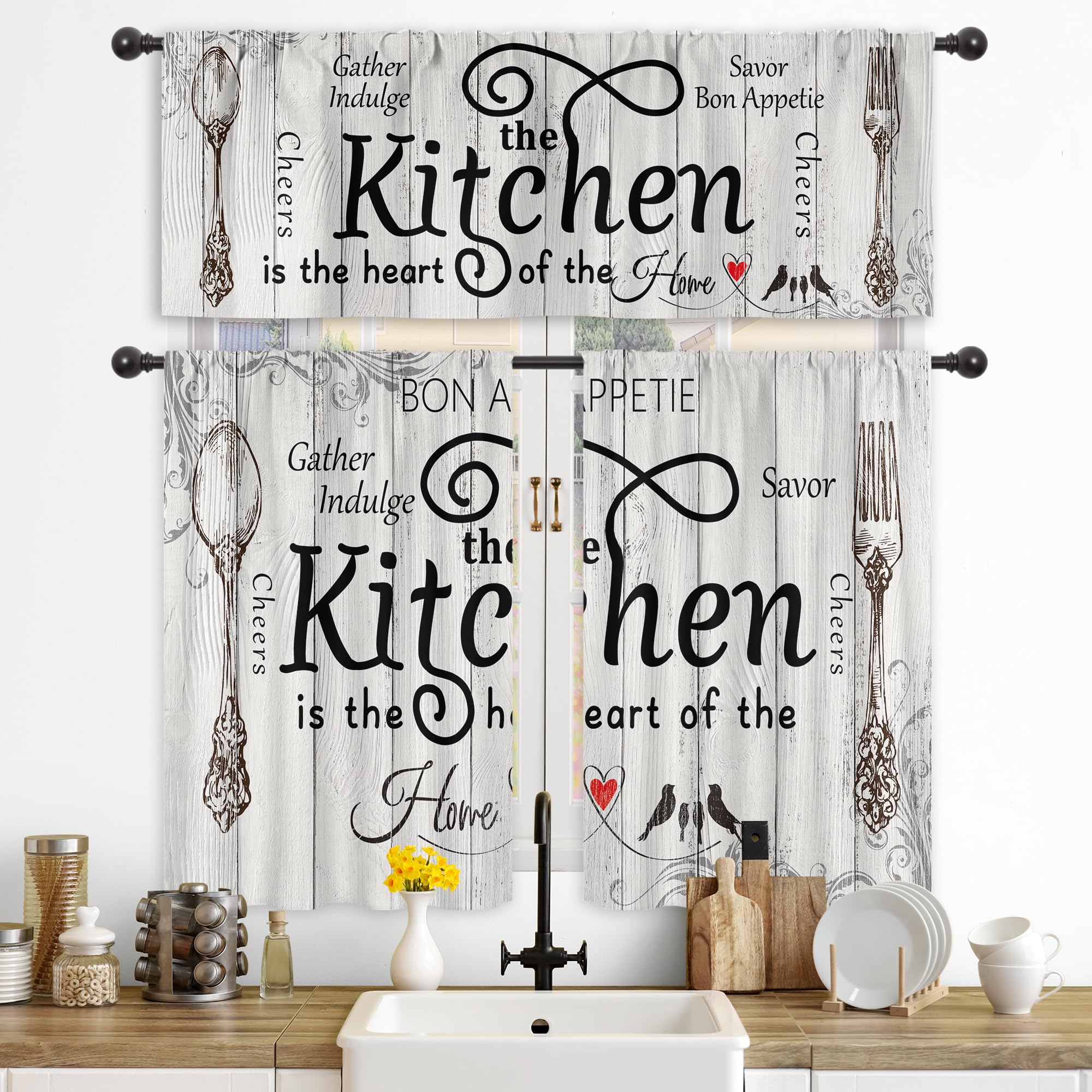 Riyidecor Kitchen Curtains and Valances 3 Piece Set Rod Pocket 36 Inch Short Rustic Black White Farmhouse Country Bedroom Living Room Treatment Fabric
