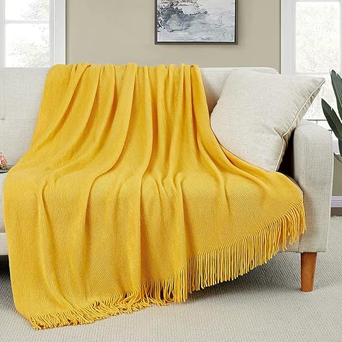 Homiest - Manta decorativa de punto con flecos, suave y acogedora manta con borlas para sofá, sillón, cama (amarillo mostaza, 50 x 60 pulgadas)