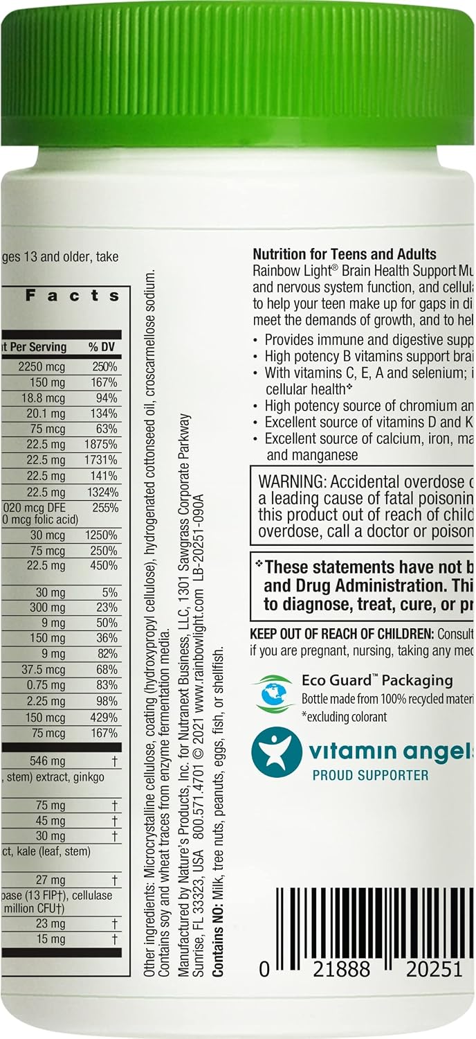 Rainbow Light - Brain & Focus Multivitamin for Teens & Adults - Food-based Nutrition, Supports Brain Health, Energy, Immune System, and Digestion - 90 Mini-Tablets