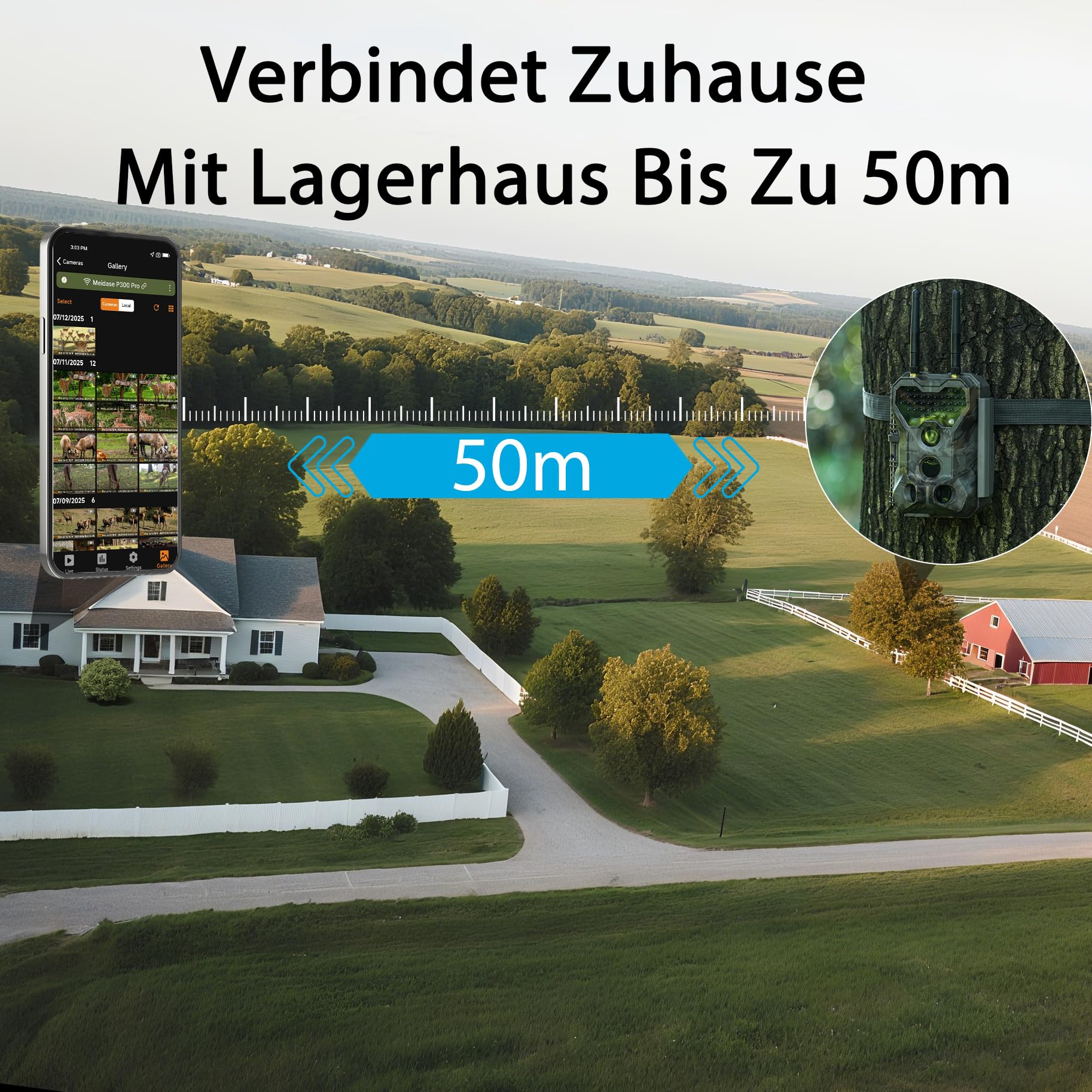 Meidase P300 Wildkamera, WiFi Bluetooth 50m Verbindungsreichweite, Dual Antenne, 64mp 1296p, Nachtsehen, Bewegungsaktivierung, Ip66 Wasserdicht, App Übertragung, Außenüberwachung