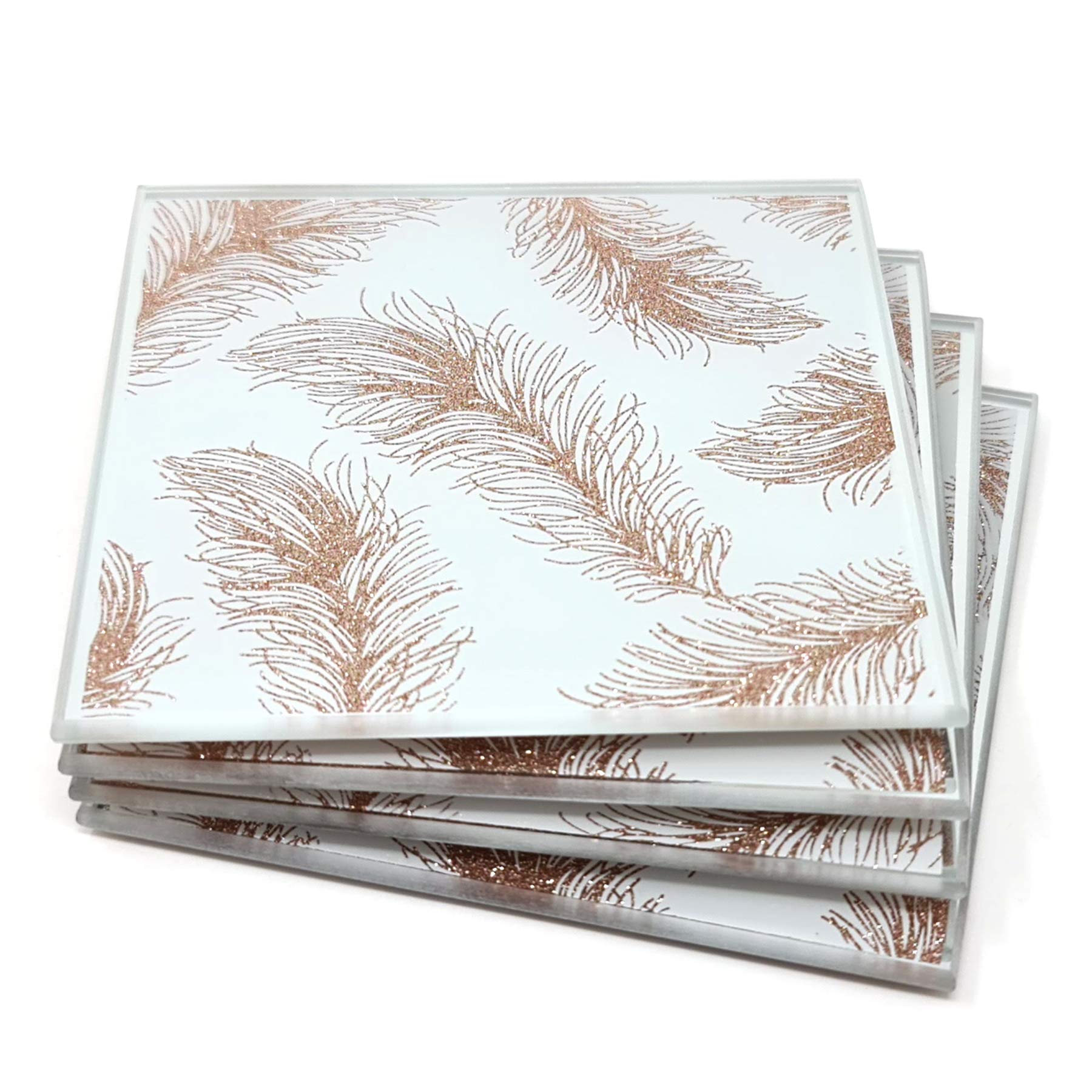 The Leonardo Collection Gold Set Of 4 Rose Glittering Feathers Glass Table Coasters