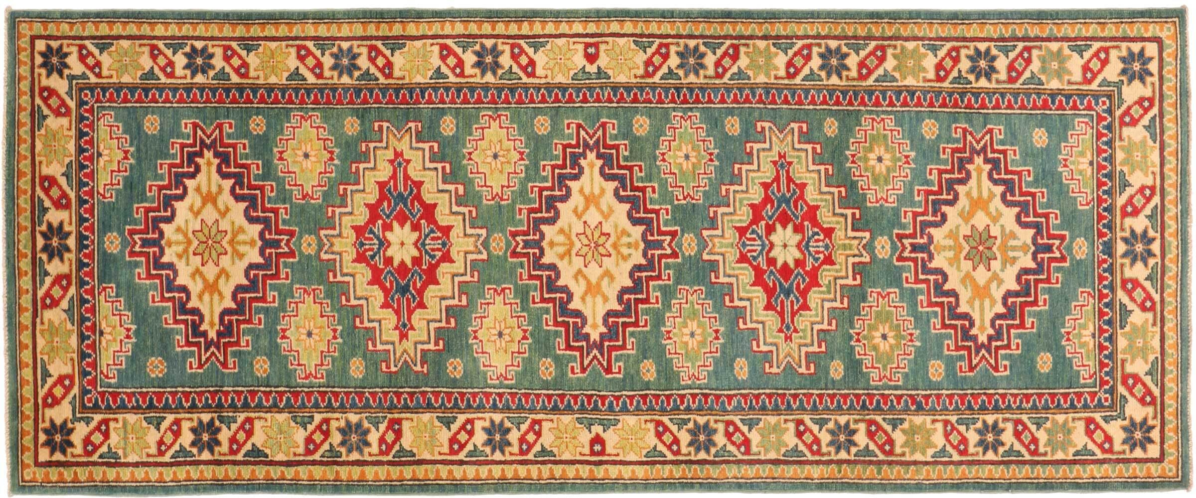 Tapis Kazak 80 x 250 cm géométrique oriental gris, chemin de couloir tissé main