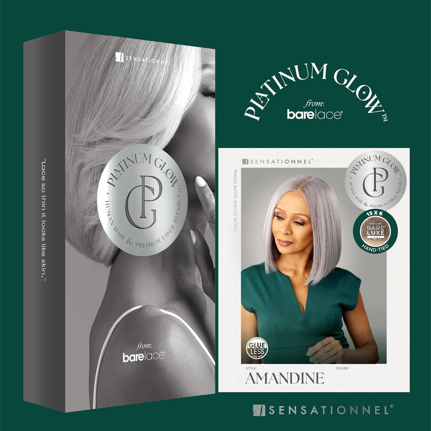 Sensationnel Platinum Glow 13X6 Wig - Amandine Lace frontal Glueless human hair blend Preplucked Hairline (1 JETBLACK)