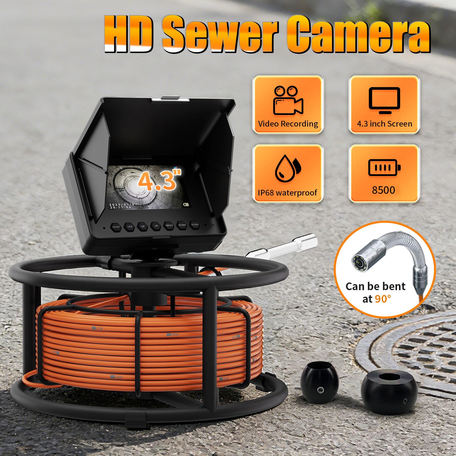 Kamery 4,3-calowe Do Rur Kanalizacyjnych, Kamera Dvr Do Kanalizacji, Kamera Inspekcyjna Ips 1080p Do Węża Hydraulicznego Z 12 Diodami Led, Kamera Inspekcyjna Do Komina Kanałowego Ip68(Size:20 M/65 FT)
