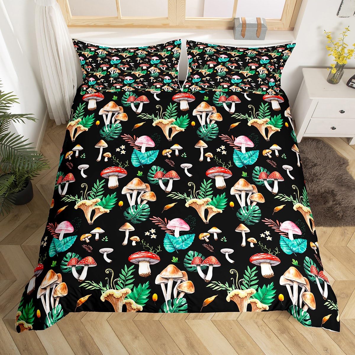 Homewish Kids Mushroom Duvet Cover Super King Size, Luxury Aesthetic Polyester Bedding Set for Teens Adults, Retro Botanical Wild Plants Print Quilt Cover, Green Palm Leaves Bed Sets, Black