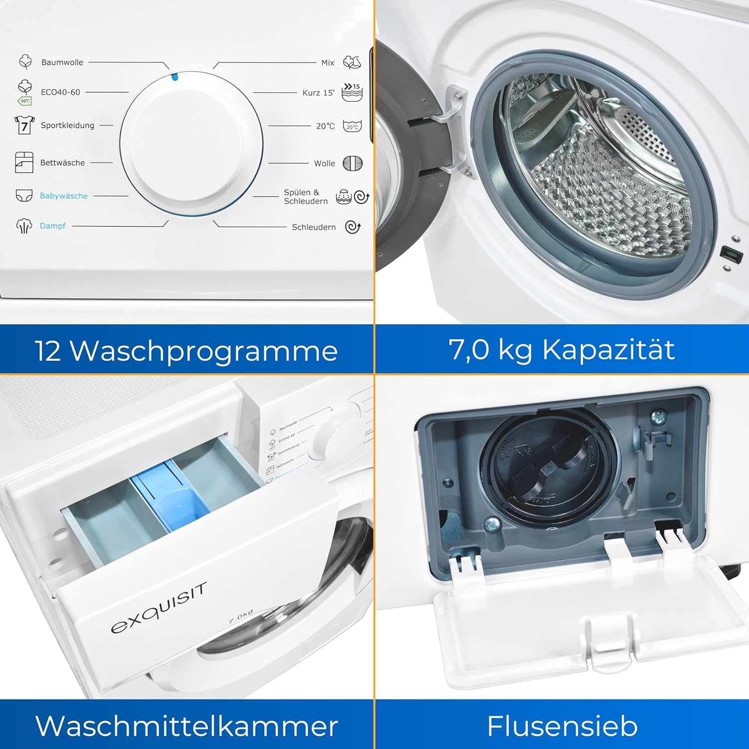 Exquisit WA7014-020A Washing Machine detergent drawer and lint filter