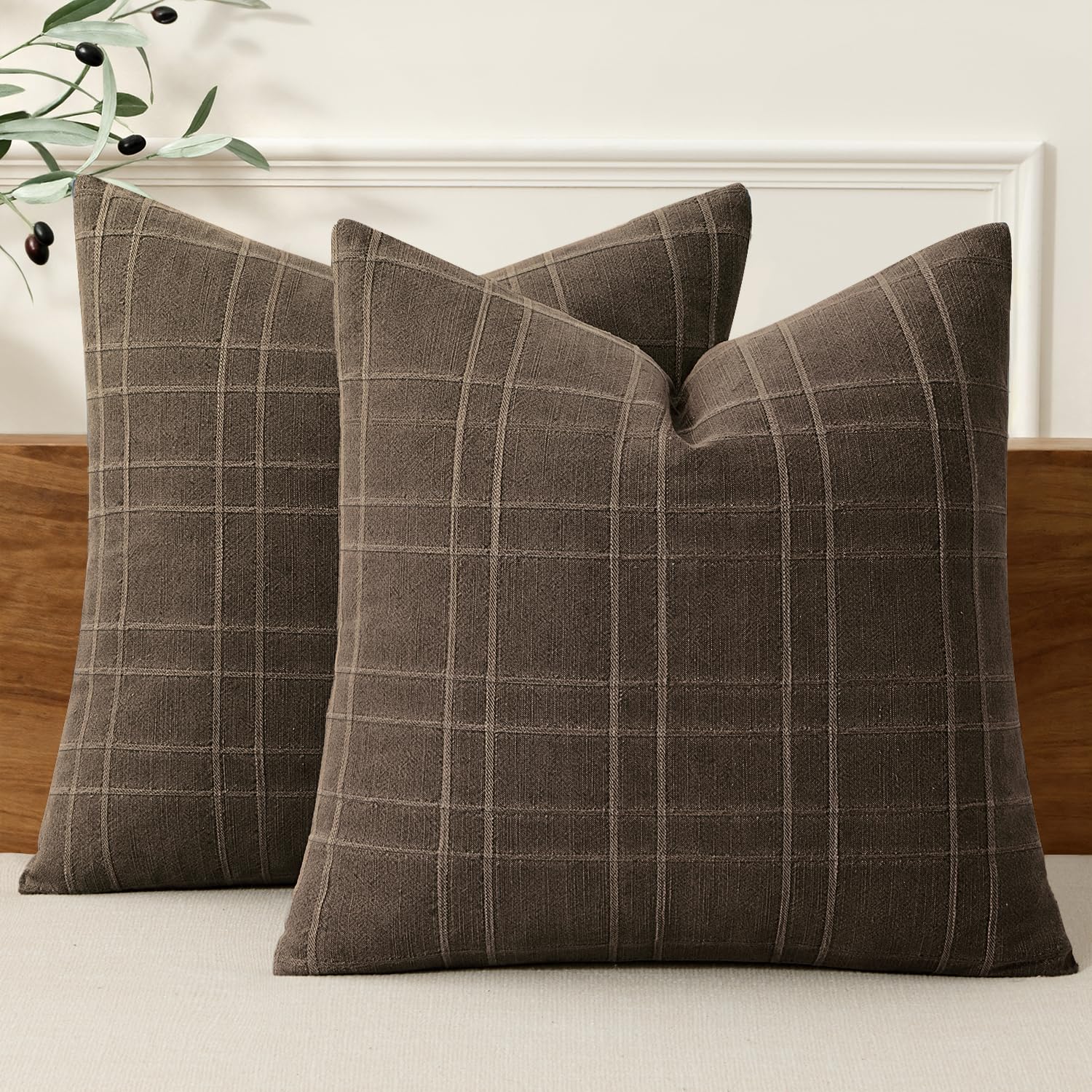 MIULEE Linen Plaid Pillow Covers Fall Decorative 20x20 Dark Coffee