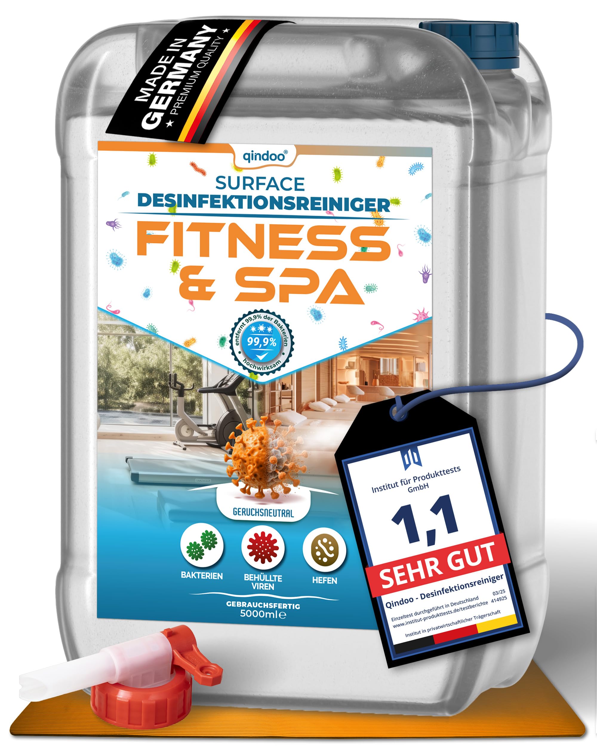 5L Desinfektions-Reiniger Fitness SPA, Desinfektionsmittel - Reiniger für Fitnessstudio, Sport-Studio, Reha, Sauna, Home-Gym, Reinigung Desinfizierung in einem Arbeitsgang, 5L mit Hahn