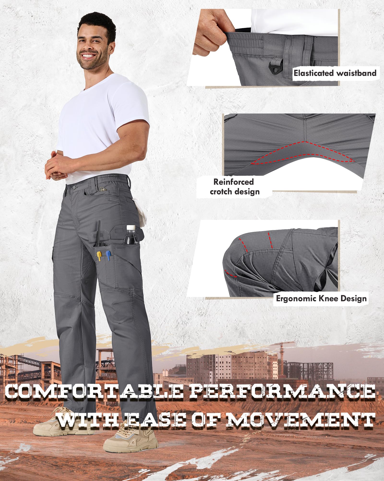 IGOLUMEN Work Pants for Men Stretch Tactical Pants with 11 Pockets Ripstop Cargo Pant Construction Utility Trouser Hiking EDC,Grey — view 5