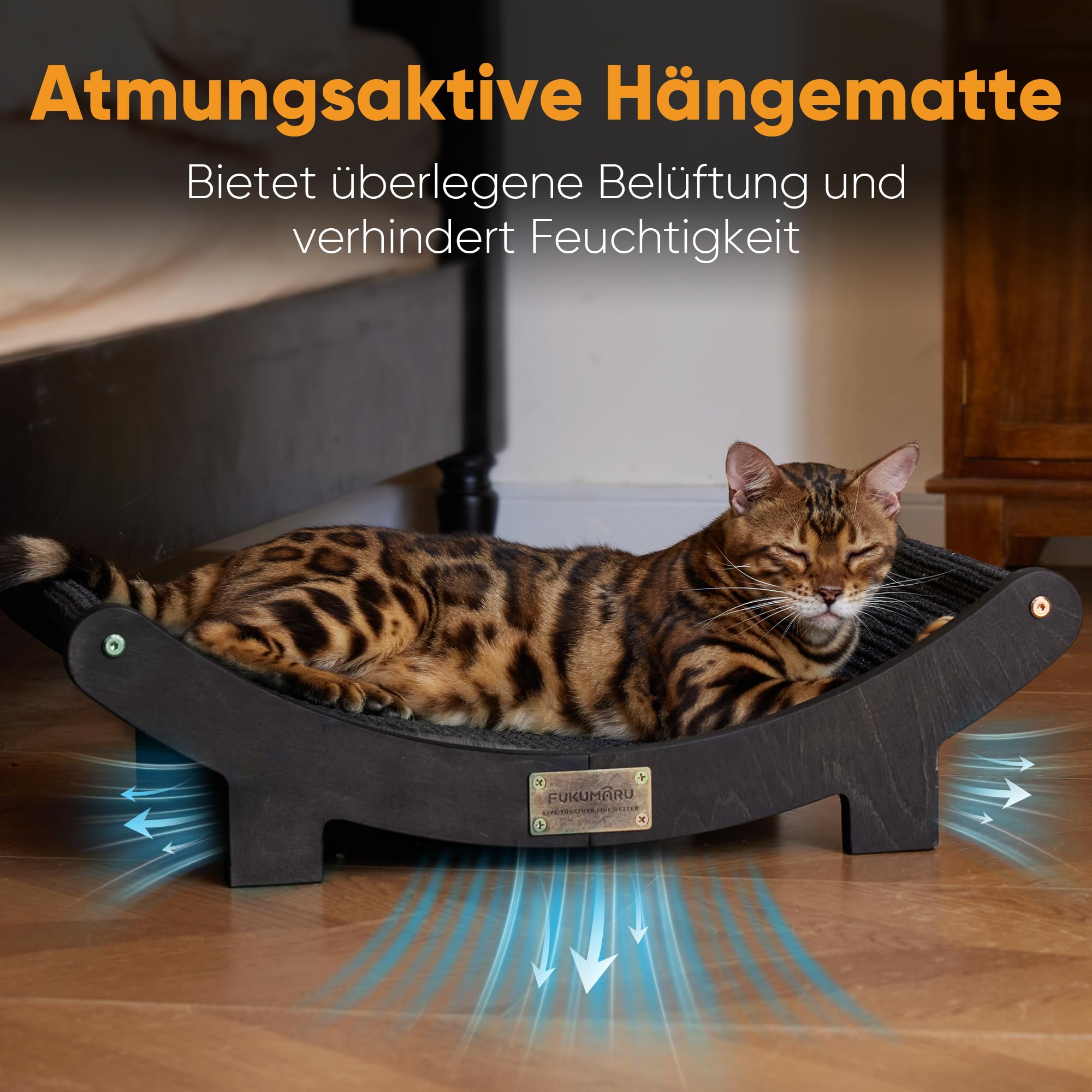 FUKUMARU Sisal Kratzbrett Holz, 60 cm strapazierfähiges Kratzbaum-Bett für Wohnungskatzen, Hängematte aus 100% natürlichem Sisal, Massivholzgestell zum Schlafen und Krallenwetzen (Schwarz)