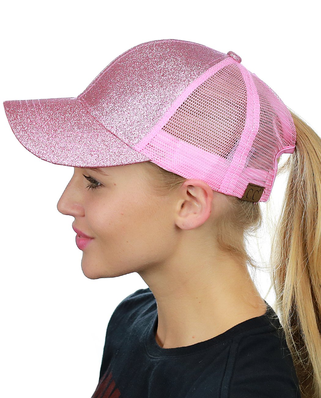 CC Ponycap Messy High Bun Ponytail Adjustable Glitter Mesh Trucker Baseball Cap, Pink