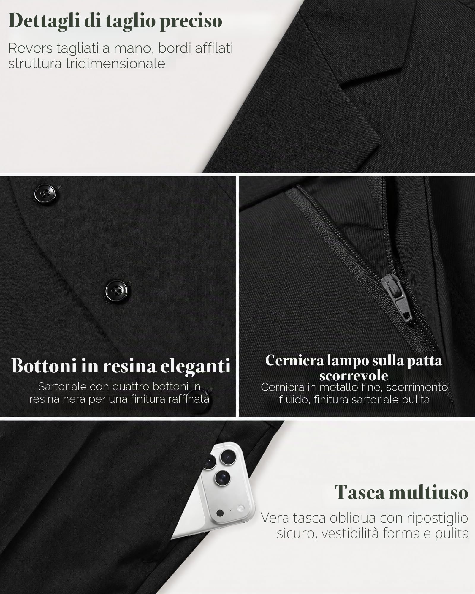 Hihawk, Completo da uomo in 3 pezzi con tessuto elasticizzato, tinta unita, slim fit, con un bottone, giacca, gilet e pantaloni con cravatta