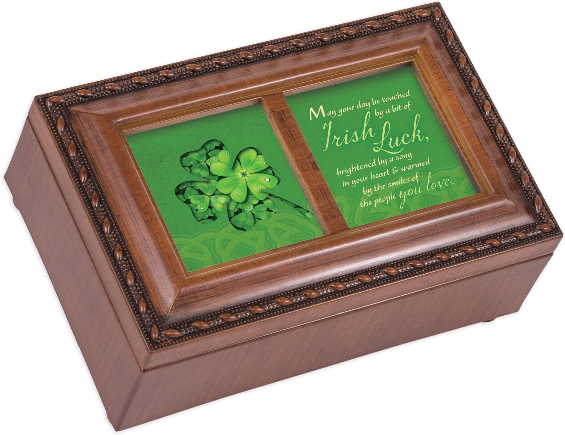 Cottage Garden Irish Luck Woodgrain Rope Trim Petite Music Box Plays Irish Eyes
