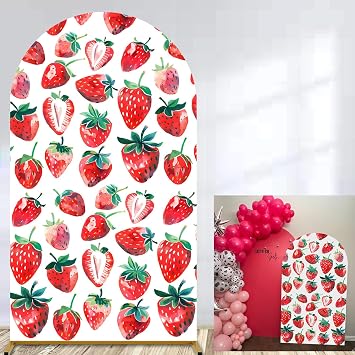Strawberry Arched Backdrop Cover Spandex Fitted Stretchy Fabric Berry Theme Grrls Brithday Party Decor Arch Cover Backdrop White, 7.2FT