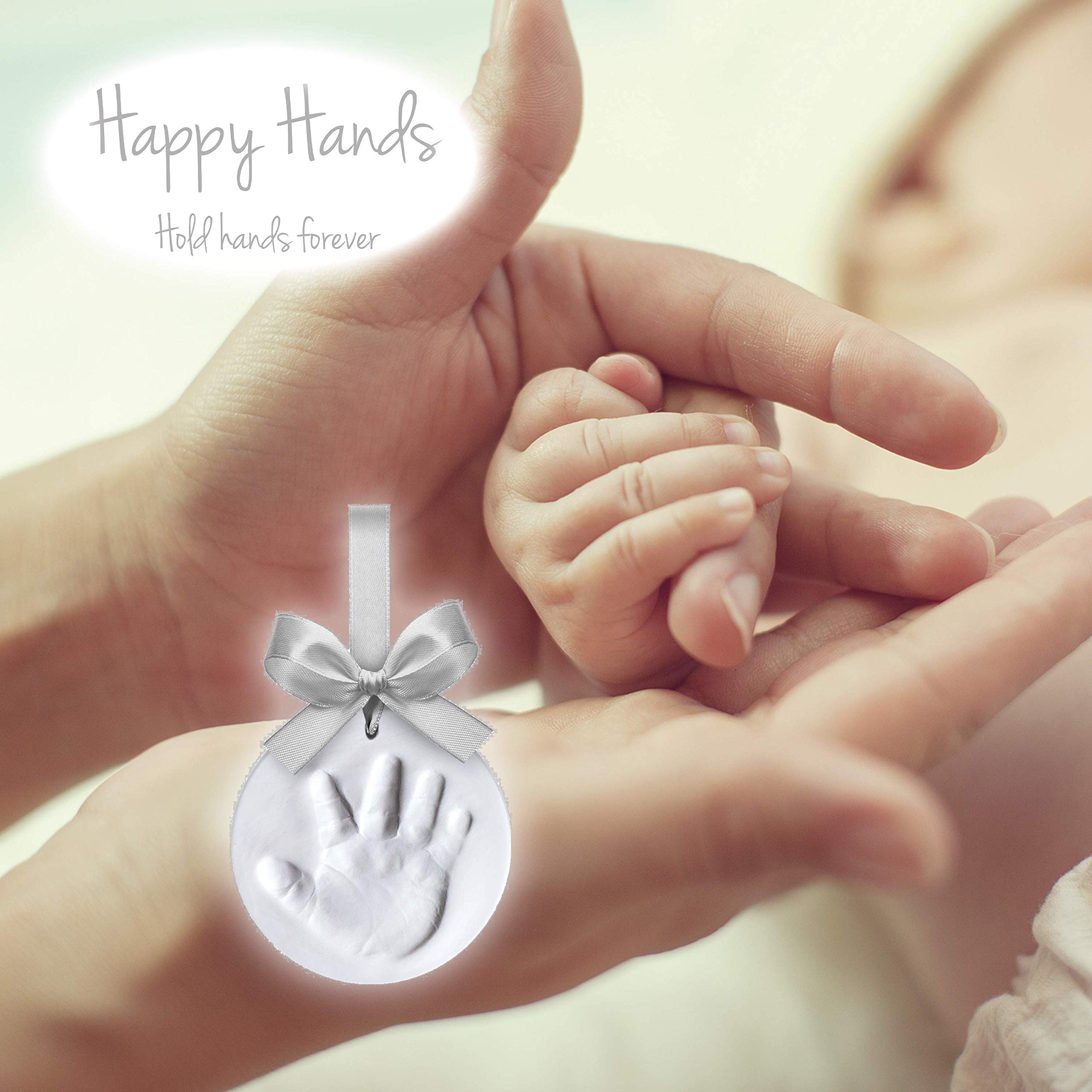 Dooky Happy Hands Ornament Juego de huellas de mano o de pie para un bebé como recordatorio (diámetro: 10,5 cm, fácil de manejar, incluye arcilla de modelar y cinta para la piel), plata