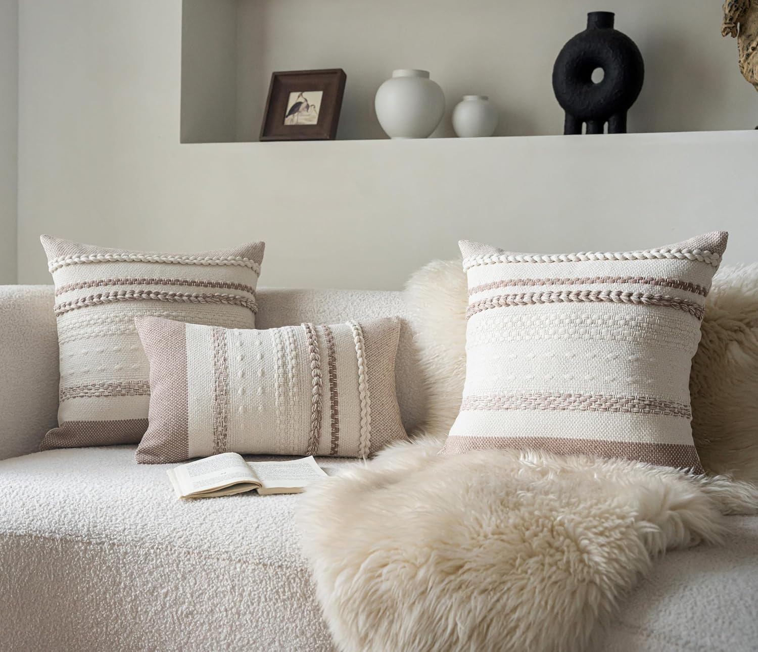 Cethom Boho Throw Pillow Covers 20x20 Inch Set of 2, Khaki Textured Decorative Couch Pillow Cases for Farmhouse Home Decor, Accent Cushion Cover for Sofa, Bed, Living Room, Bedroom