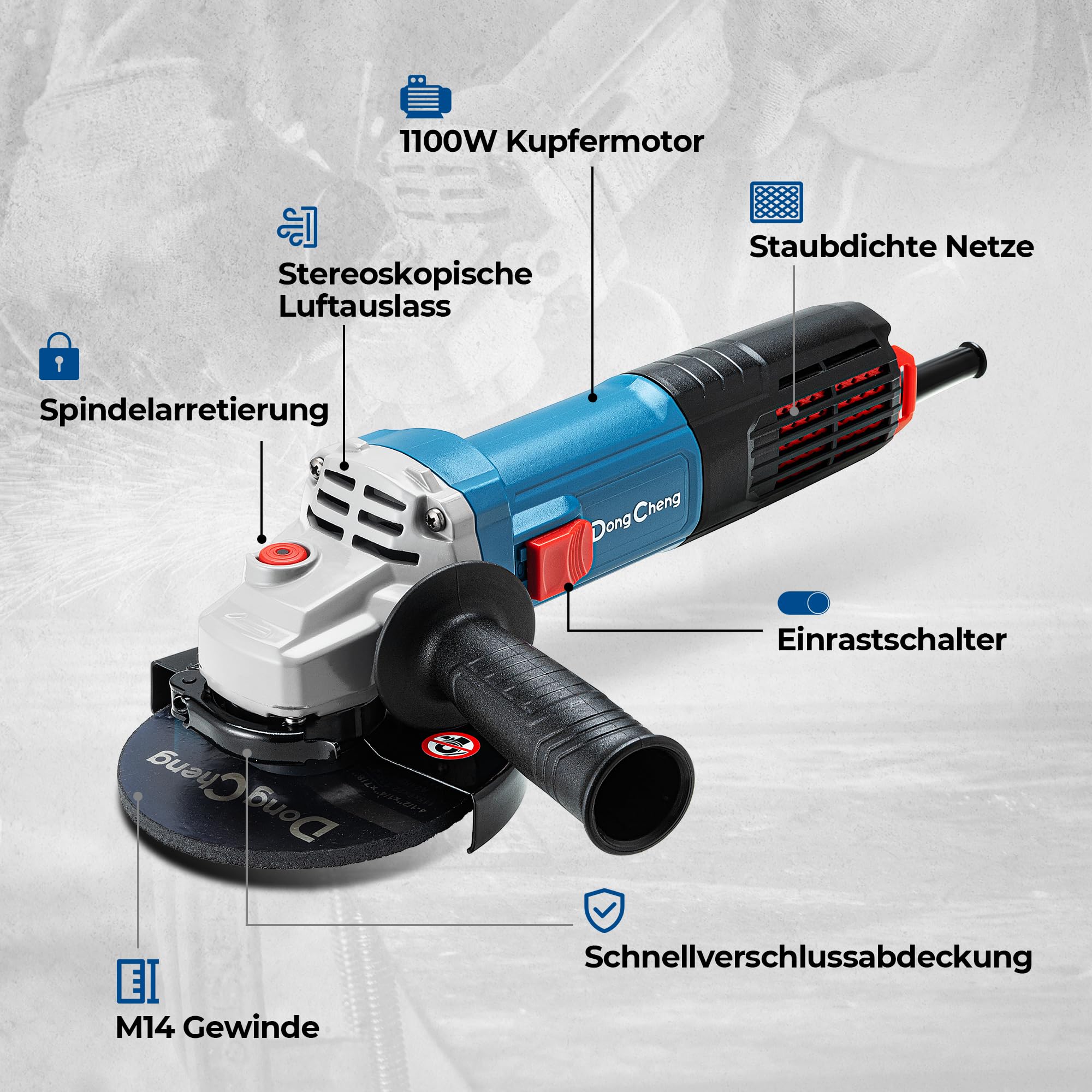 DongCheng Szlifierka kątowa 1100 W, 125 mm, prędkość biegu jałowego 11 800 obr./min, osłona szybkiego zamknięcia, uchwyt, 2 tarcze szlifierskie, 2 wachlarzowe tarcze szlifierskie, 2 tarcze tnące