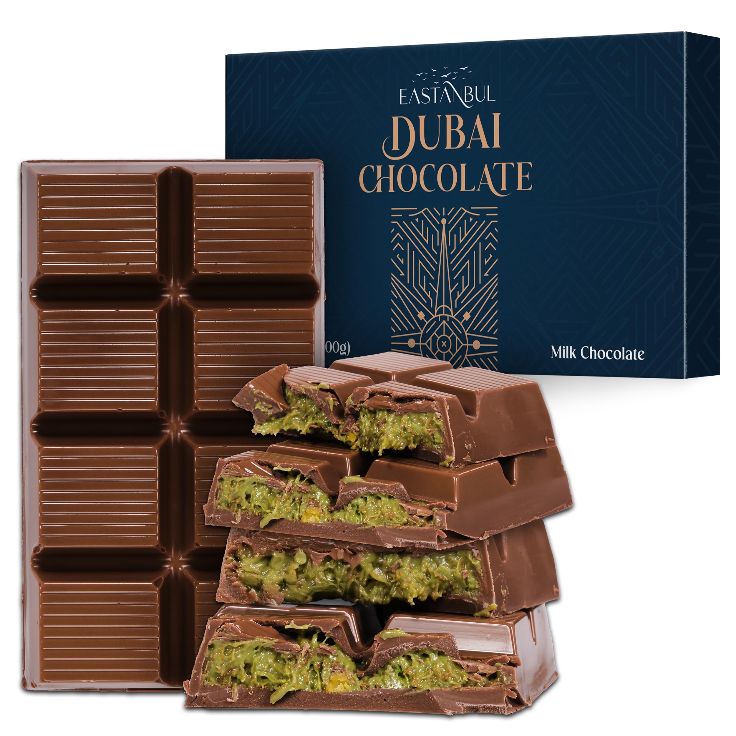 EastanbulDubai Chocolate Bar Pistachio, 7oz, Premium Belgium Chocolate, Pistachio Dubai Bar, Viral Candy with Shredded Phyllo Dough, Knafeh, Gift Box