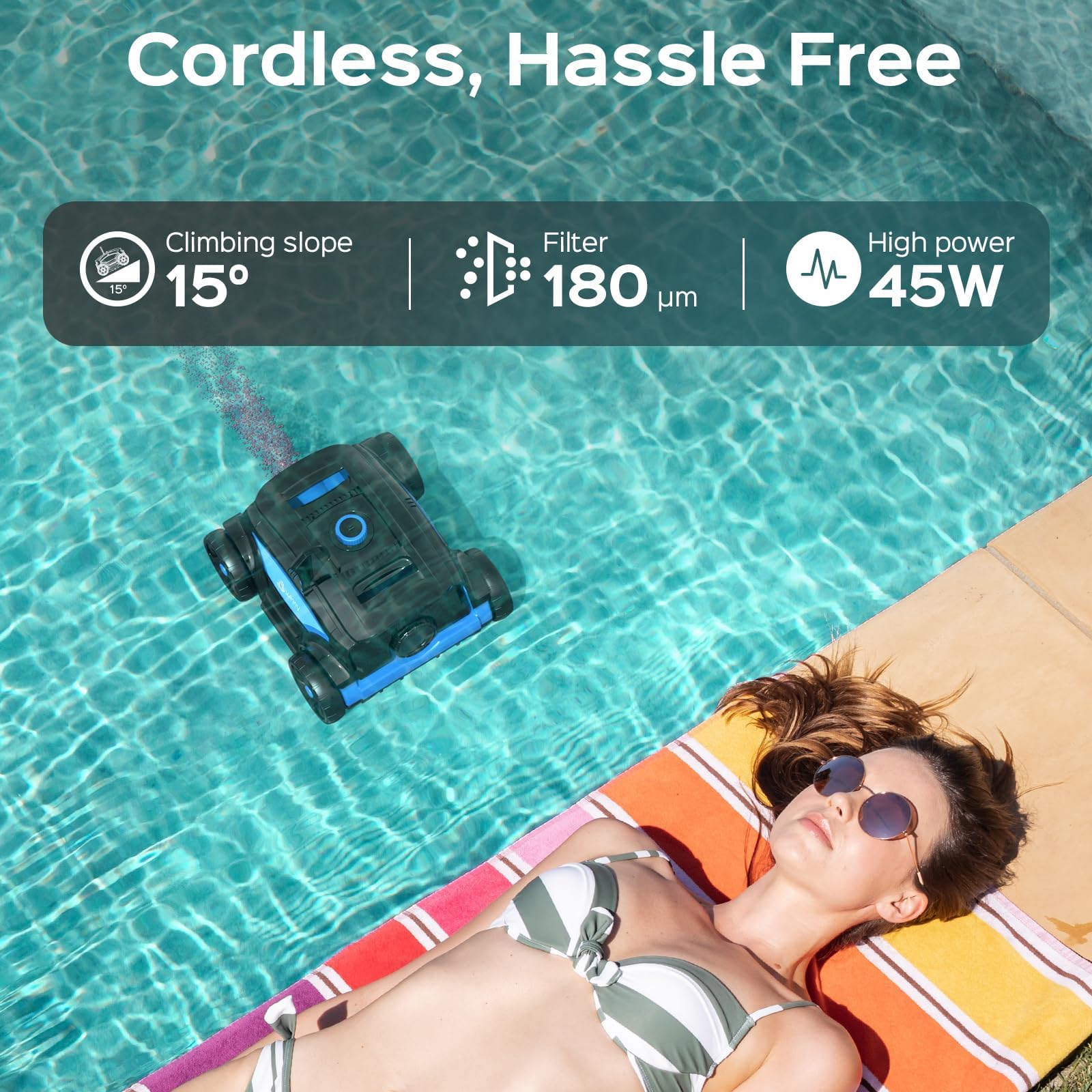 WINNY POOL CLEANER WY1103 Robot Piscina, Piscina Senza Fili con Batteria, 120 Min Autonomia, Doppio Motore, Display LED, Filtro 180μm, Parcheggio Automatico per Piscine Fino a 120m² (Nero-Blu B)