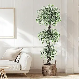 GarveeHome Artificial Ficus Tree for Home Decor Indoor,6FT Faux Floor Tree White Imitation Ceramic Planter, Indoor Outdoor Lifelike Fake Ficus Tree with Pebbles & Green Fake Moss for Office