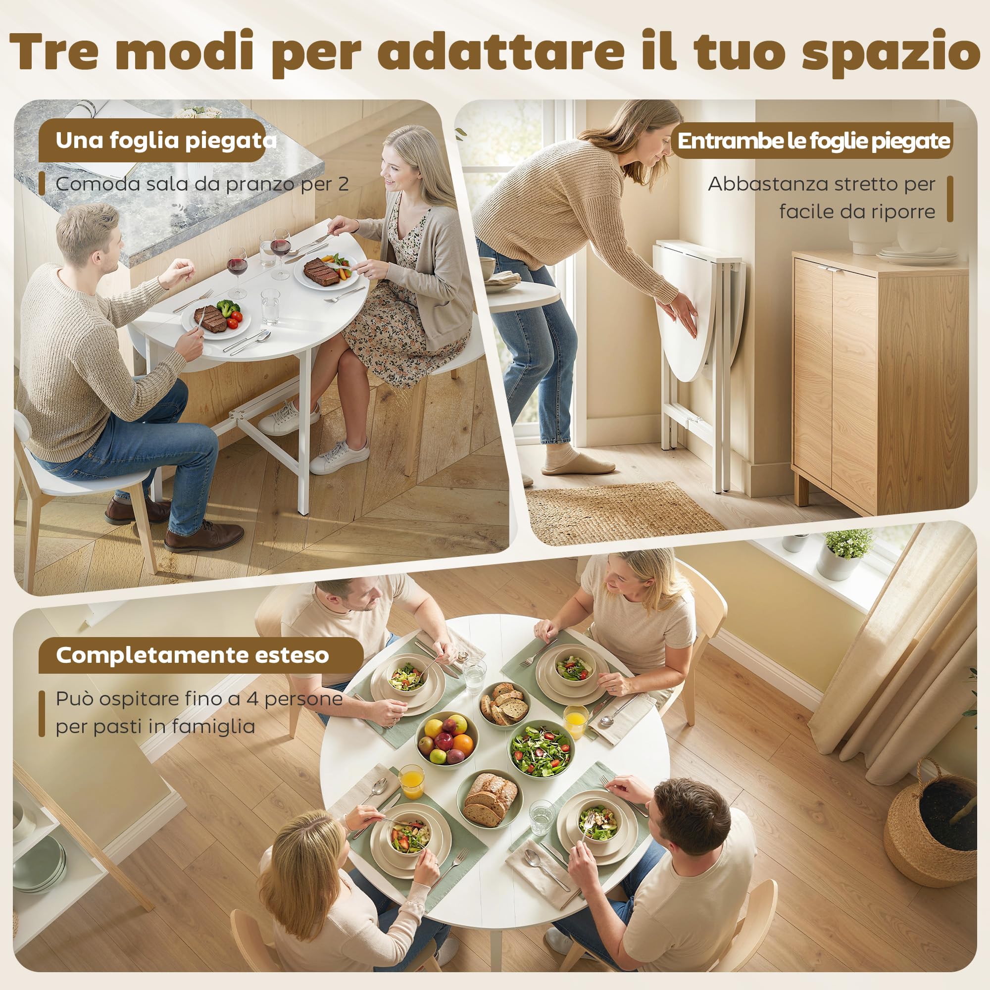 HOMCOM Tavolo da Pranzo Rotondo Pieghevole per 2-4 Persone, Ø80 cm Tavolo Cucina a Ribalta con Gambe a X in Acciaio, Salvaspazio per Soggiorno Sala da Pranzo, Bianco