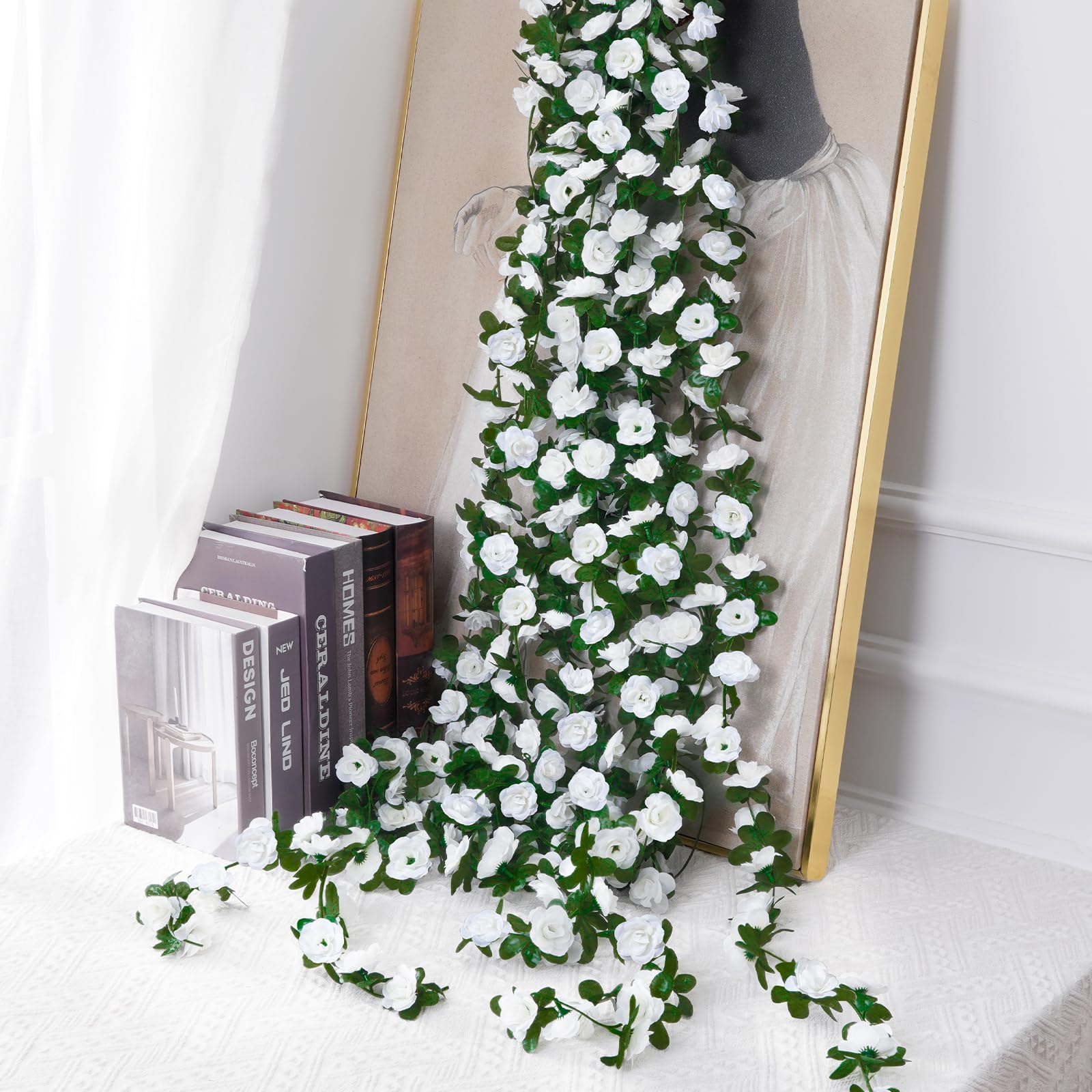 BLEUM CADE Künstliche Rosenranken für Schlafzimmer, niedliche hängende Blumenranken, Blumengirlande, Dekorationen für Hochzeit, Party, Wand, Raumdekoration, ästhetisch, 5 Stück