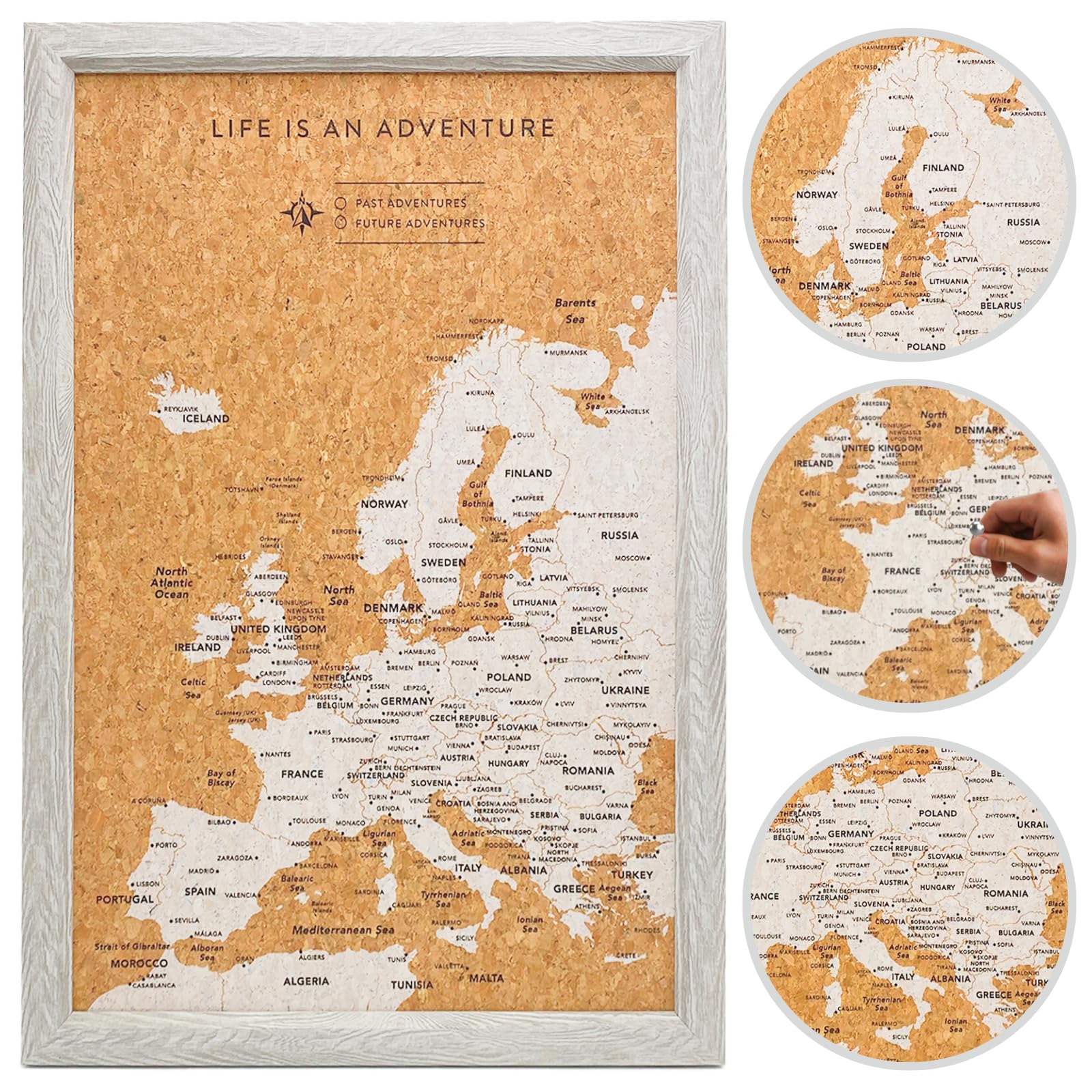 Splosh World Map Pin Board - Small Grey Europe Wooden Wall Travel World Map Poster Cork Board with 100 Pins Travel Gift for Past and Future Travels, Present