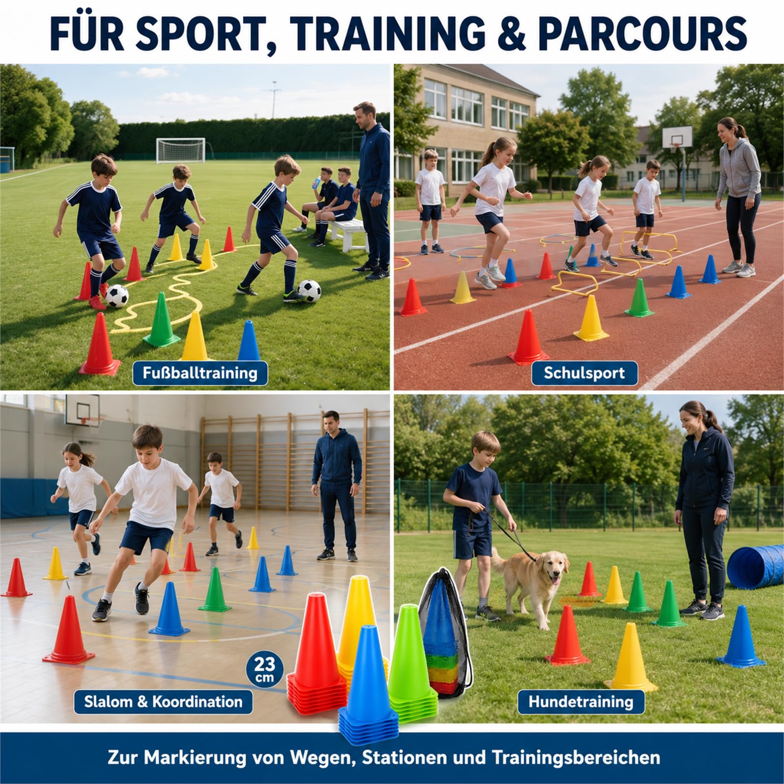 CYEER 24 Conos Entrenamiento Futbol, 23 x 13,5 cm, Coloridos pilones para niños al Aire Libre con Bolsa de Transporte, Conos de Entrenamiento para fútbol, Deportes, Juegos Activos