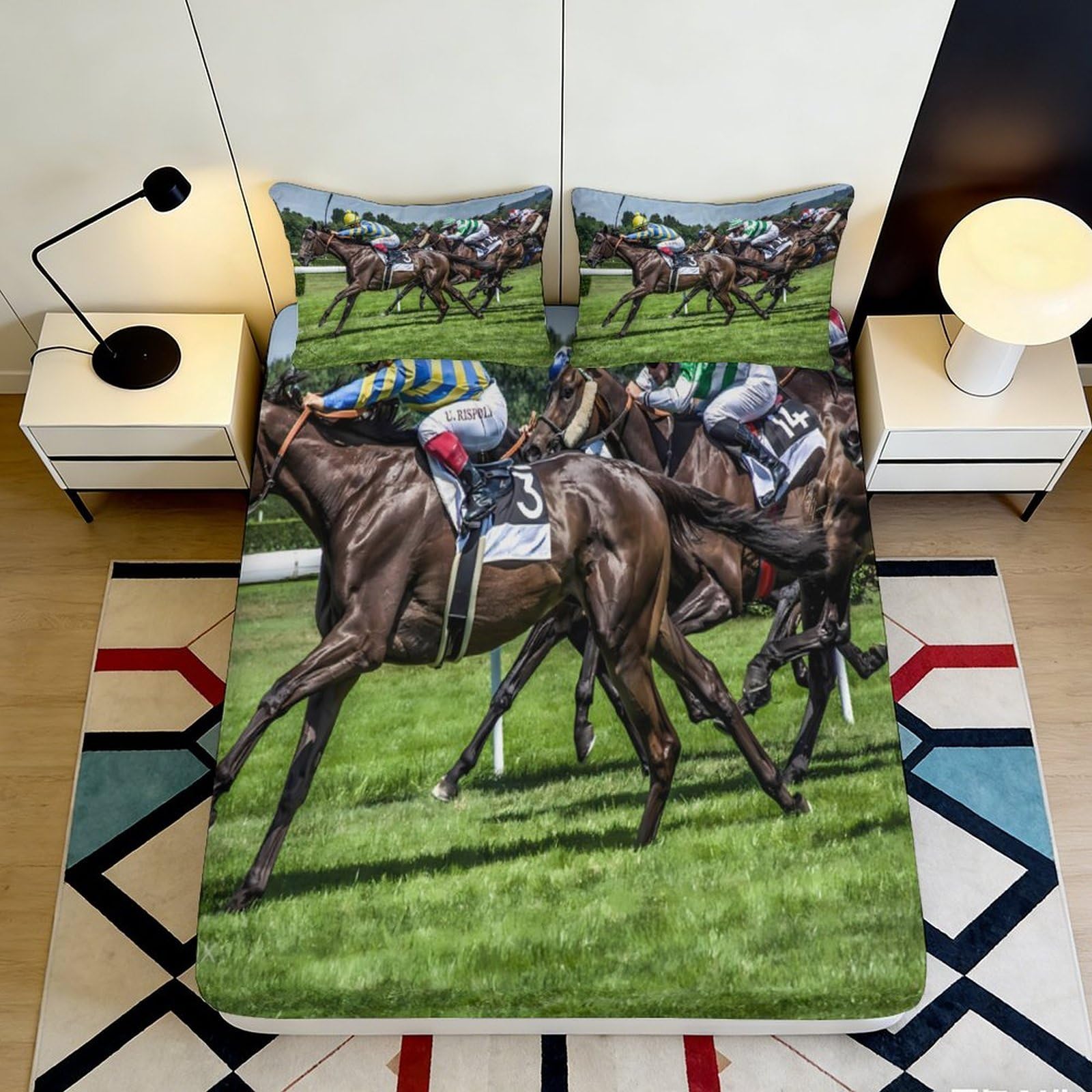 3D Printed Horse Racing Fitted Sheet Microfiber Soft Breathable Equestrian Bed Cover for Bedroom Dorm Mattress Protection Decor 90x200x25cm